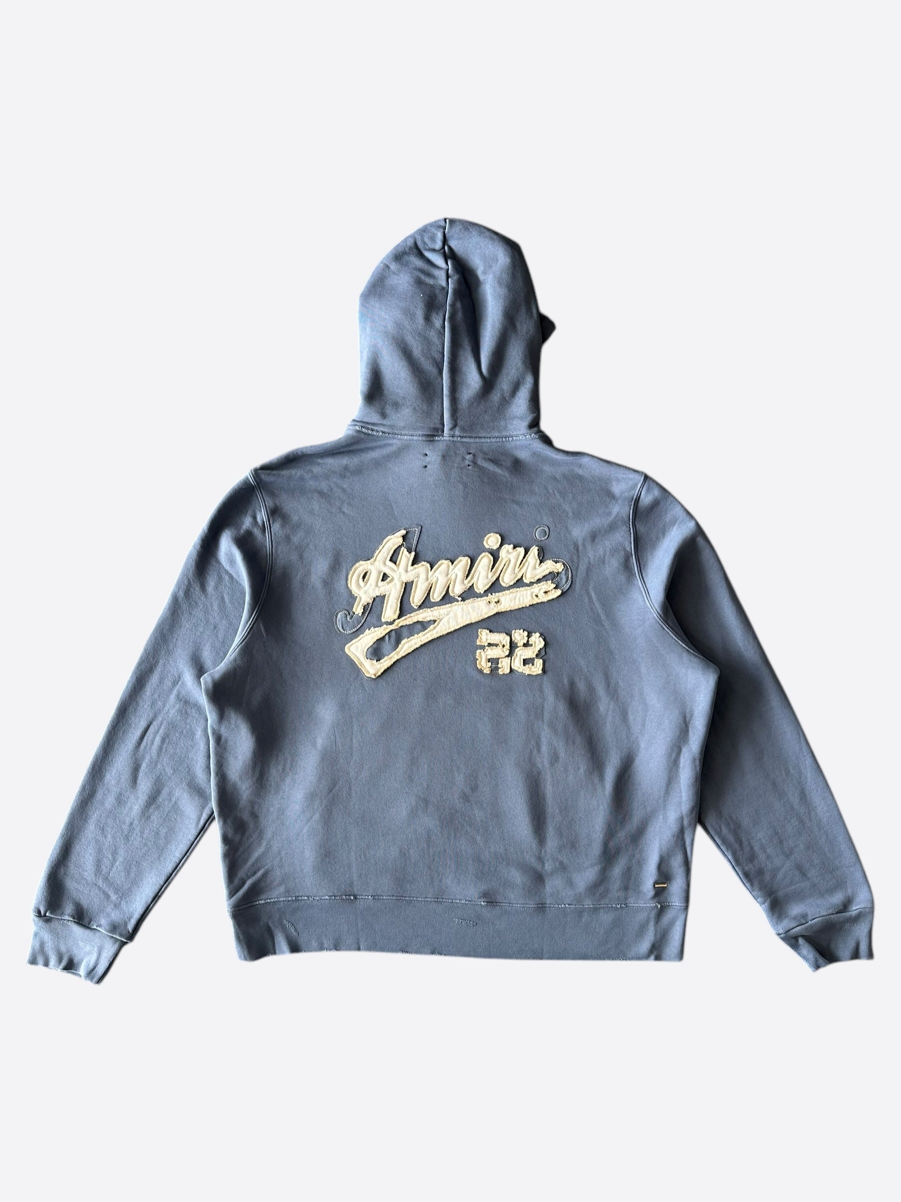 Amiri Blue & White Distressed Logo Hoodie - Men's Premium Streetwear Pullover for Casual & Urban Style | Perfect for Everyday Wear & Fashion Outfits