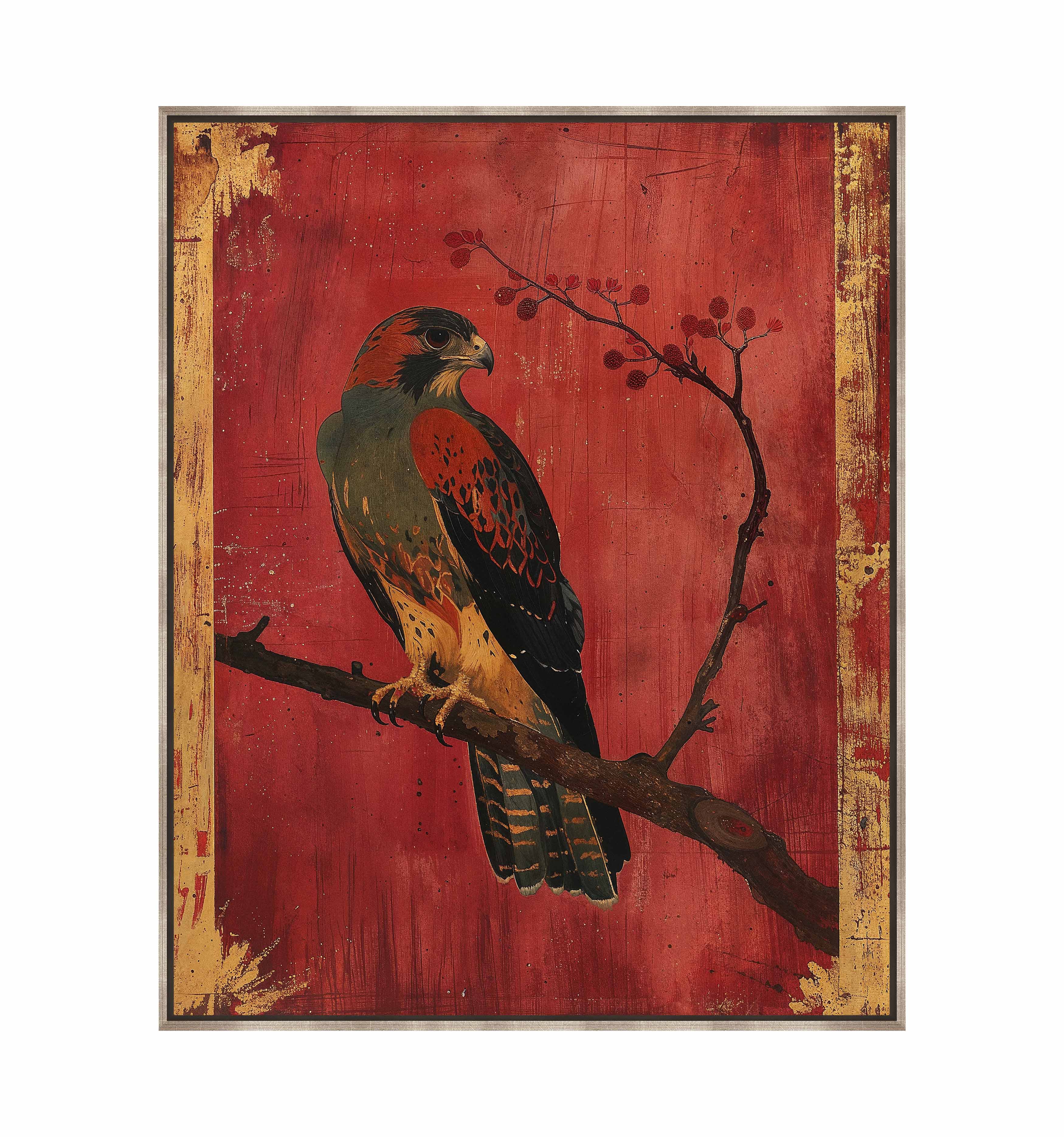 Crimson Majesty Falcon of the Silk Road Wall Art - Handmade Gallery Wrapped Canvas Painting for Living Room, Bedroom & Office Decor