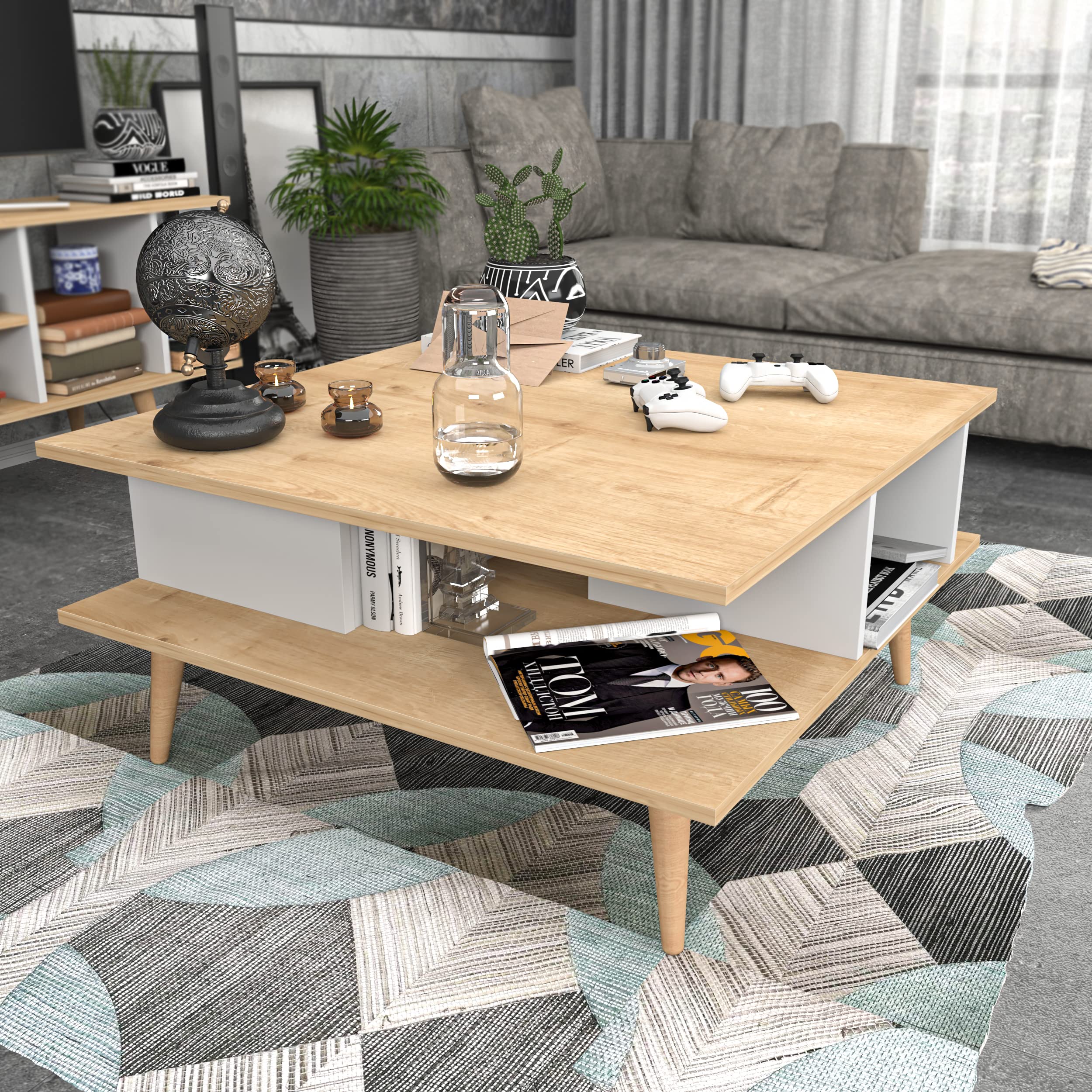 Decorotika Akya Solid Oak Coffee Table - Modern Wooden Living Room Furniture for Home Decor, Sofa Table, Center Table, and Lounge Use