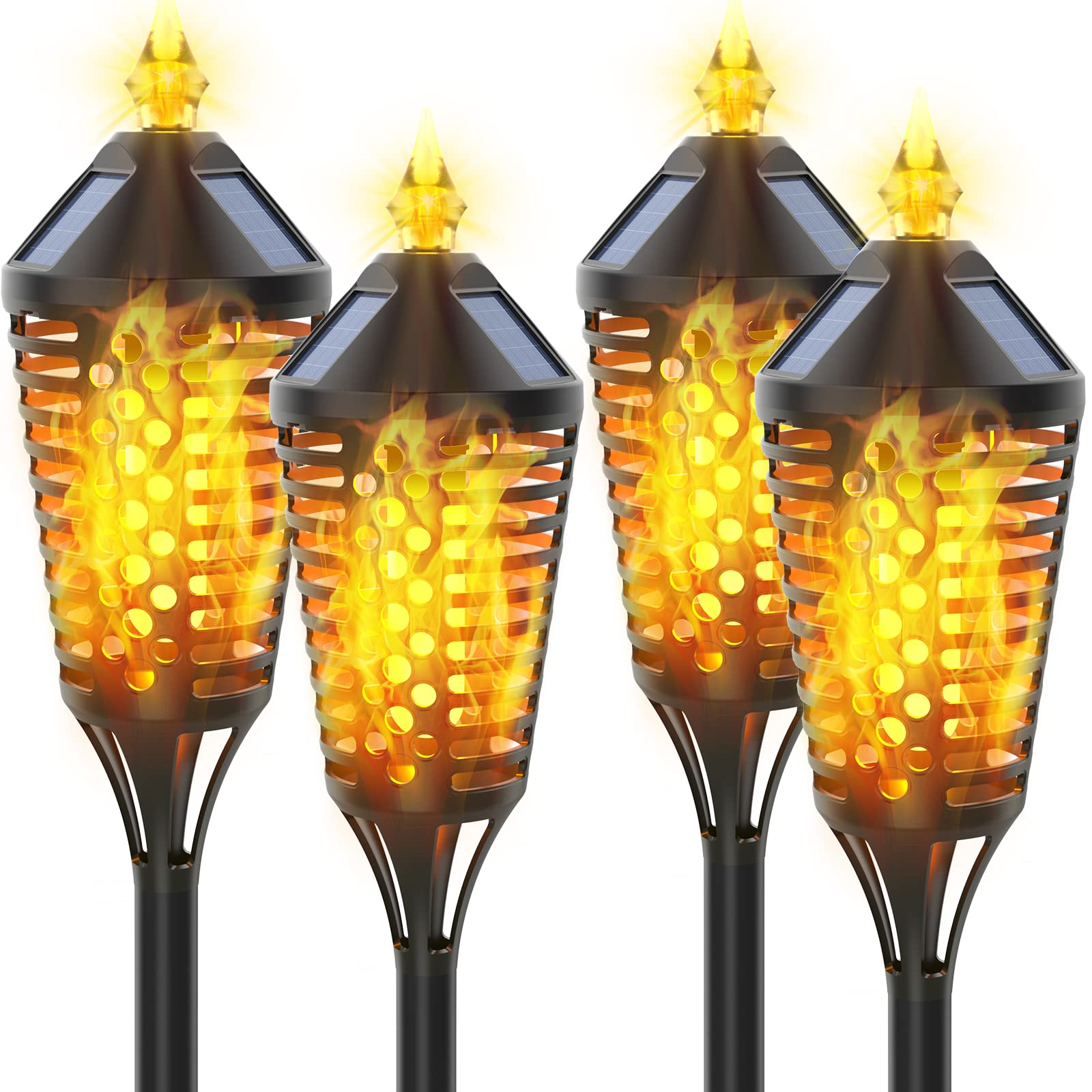 BUNEE 4 Pack Solar Torch Lights with Flickering Flame - Waterproof Outdoor Solar Pathway Lights for Garden, Patio, Yard - Decorative Landscape Lighting for Halloween, Christmas, Parties & Backyard Decor