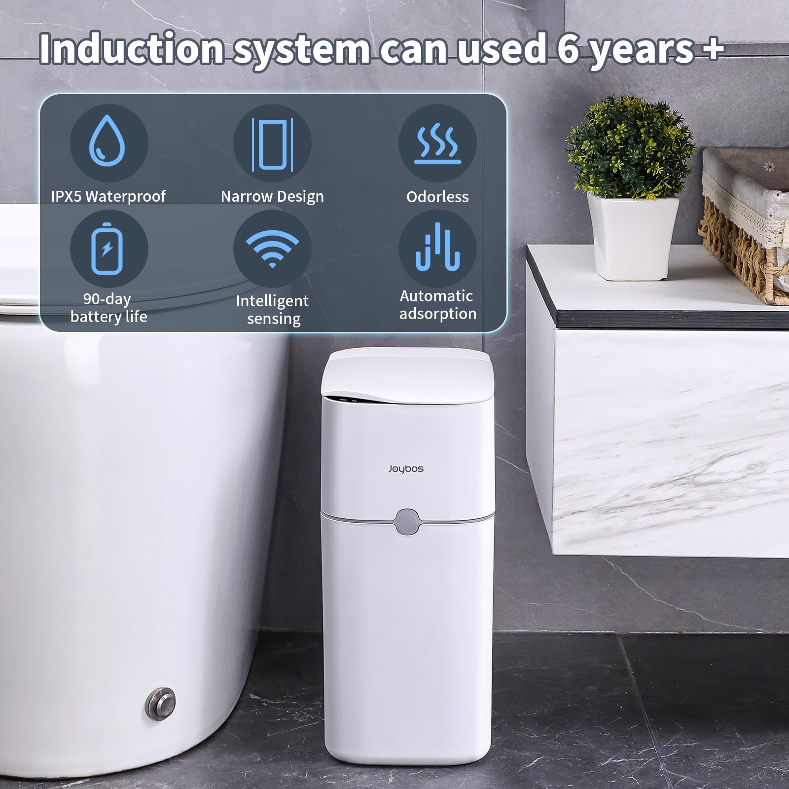 Automatic Motion Sensor Trash Can 3.5 Gallon - Slim Smart Bathroom Garbage Bin with Bagging System - White Small Plastic Waste Bin for Bedroom, Office, Kitchen - Hands-Free Touchless Disposal Solution