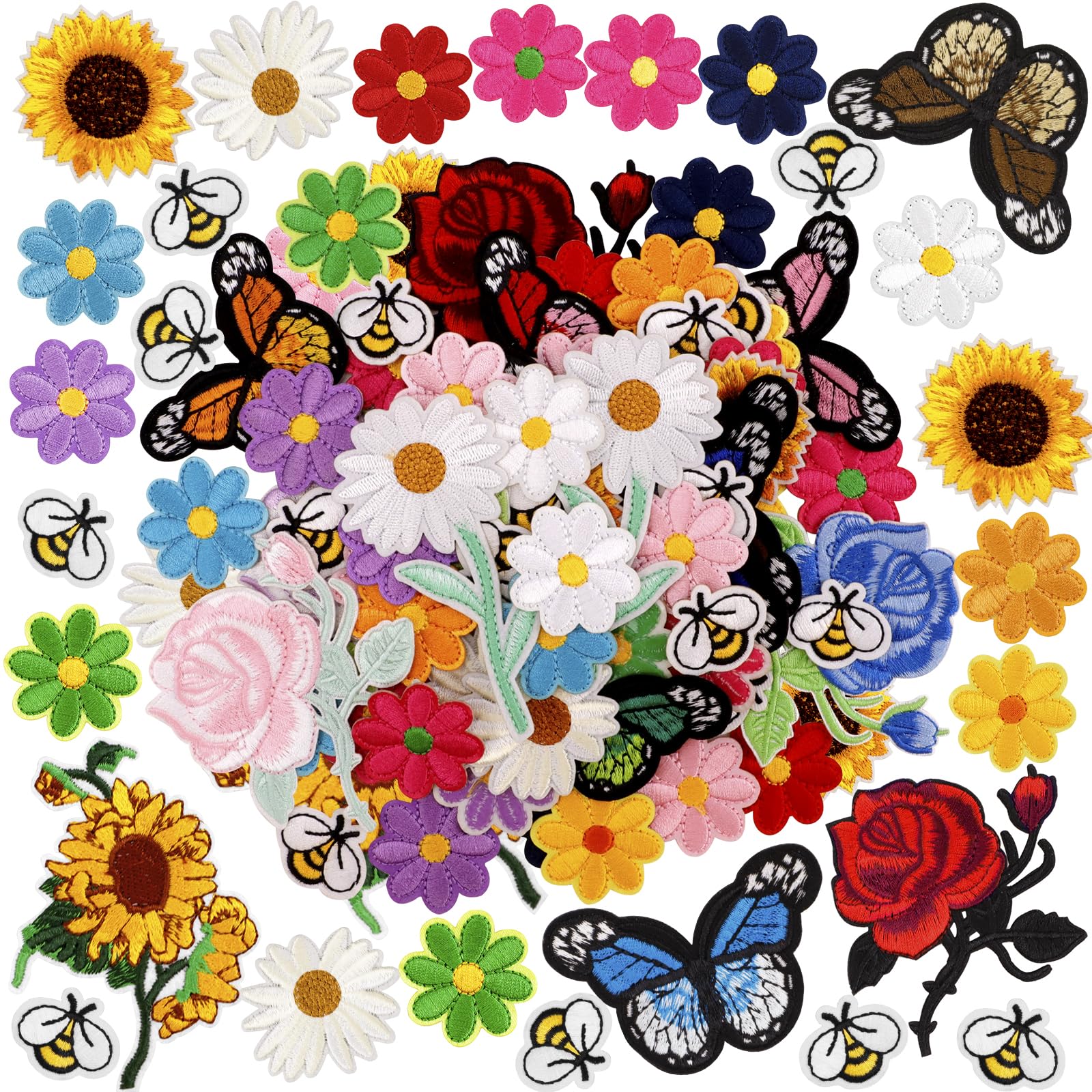 RETON 72 Pcs Embroidered Iron-On Patches for Clothing - Butterfly, Flower, Bee, Rose & Daisy Applique Patches for Jackets, Jeans & Backpacks | DIY Fashion Customization & Outfit Personalization