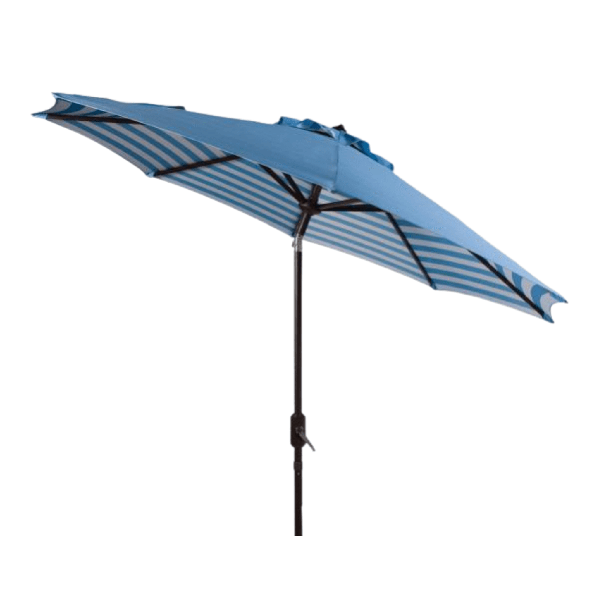 Blue and White Outdoor Crank Umbrella with Striped Interior - Patio, Garden, Poolside Sun Shade for Relaxing Outdoors