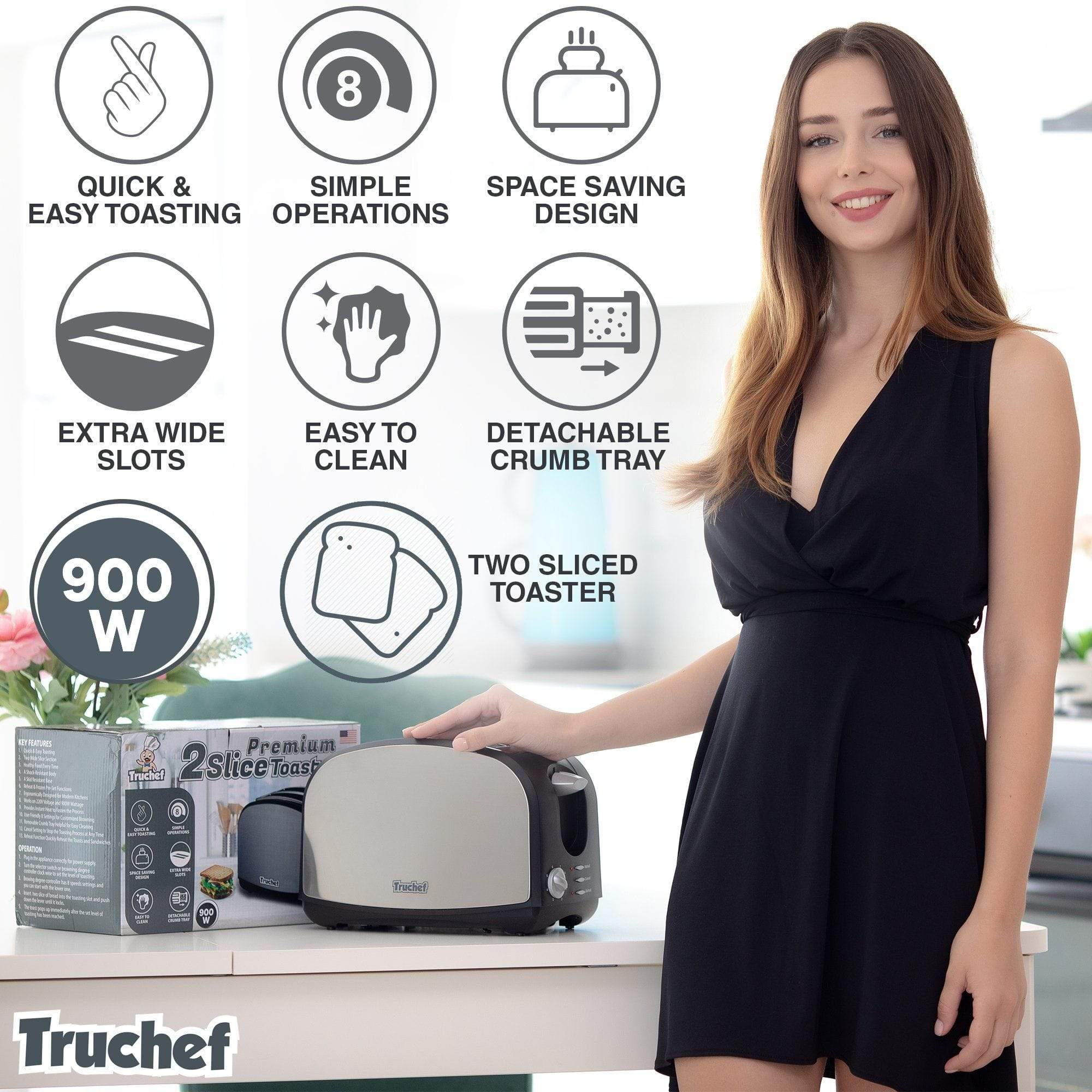 Truchef USA 4-Slice Toaster 5001 - Stainless Steel, Wide Slots, Bagel & Defrost Functions - Perfect for Breakfast, Office, and Dorm Room Use