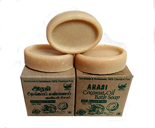 Arasi Soaps Pure Handmade Coconut Oil Bath Soap - Fragrance Free, Chemical Free, 45g Each (Pack of 3) | Gentle Cleansing for Sensitive Skin, Daily Moisturizing Body Wash, Natural Skincare Routine