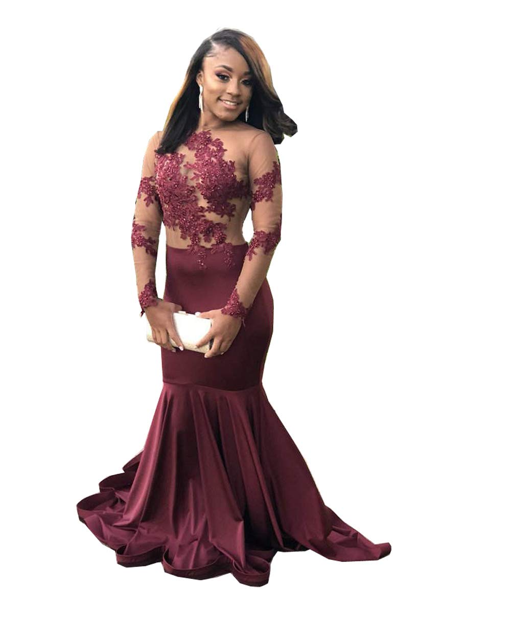 Elegant Women's Mermaid Lace Prom Dresses with Illusion Long Sleeves - Formal Evening Gowns for Homecoming, Quinceañera & Black Tie Events