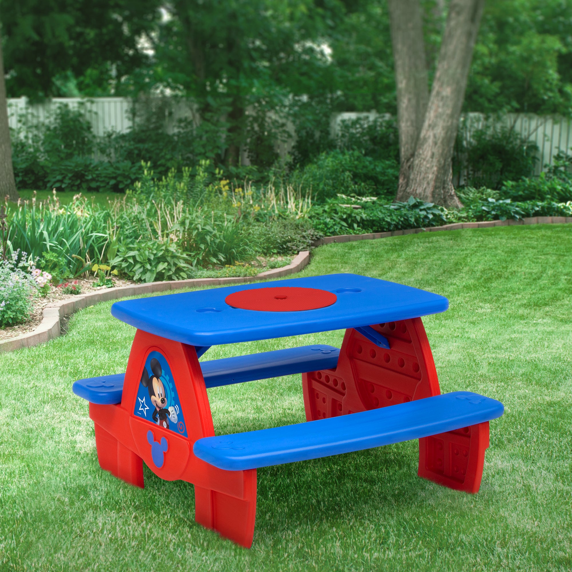 Mickey Mouse 4-Seat Kids Picnic Table with LEGO-Compatible Tabletop - Outdoor Play, Birthday Parties & Backyard Fun for Toddlers