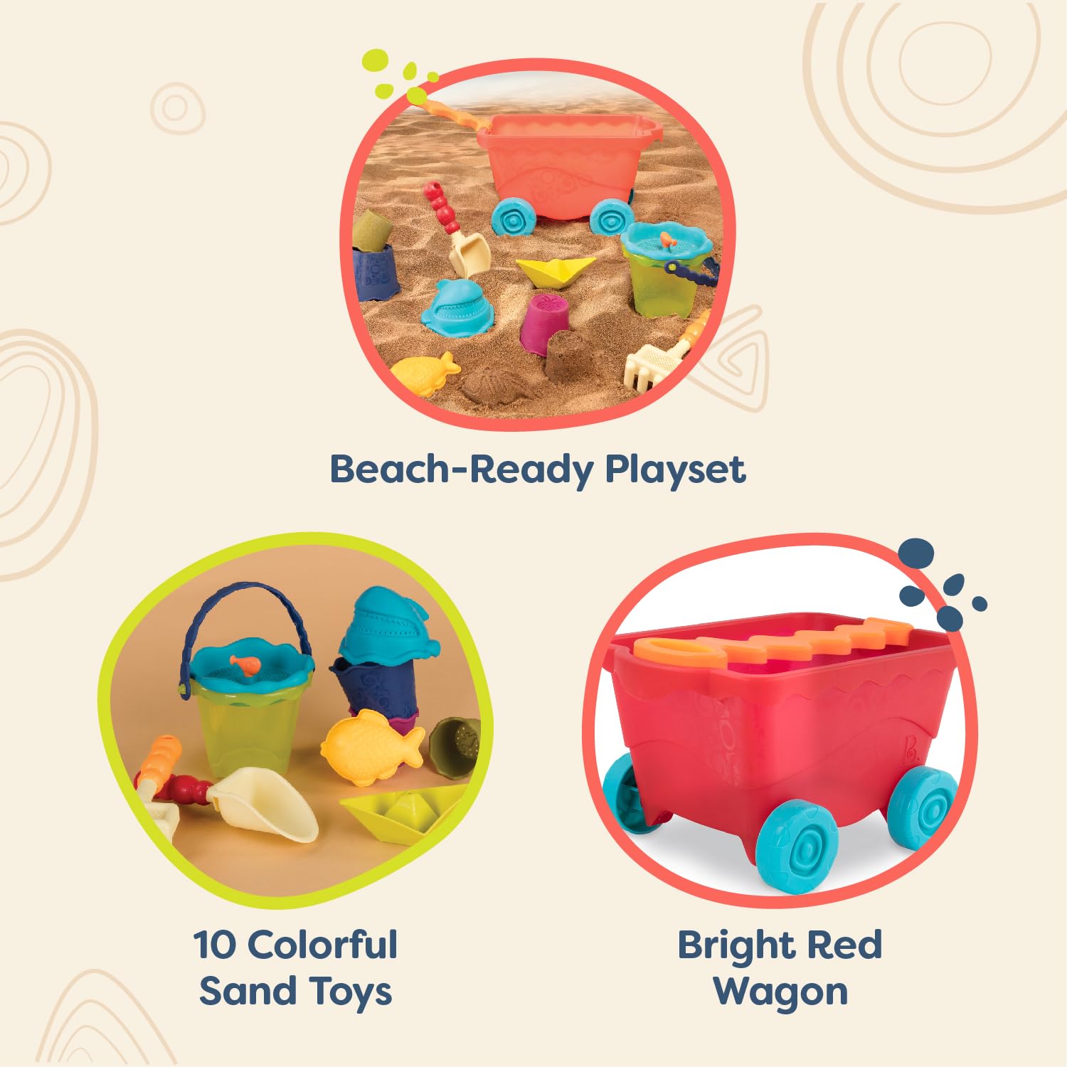 B. Toys Wavy-Wagon - 10-Piece Beach Sand Play Set for Toddlers & Kids Ages 18+ Months - Summer Outdoor Sandbox & Water Play Toys - Perfect for Beach Trips, Backyard Fun & Sensory Play (Red)