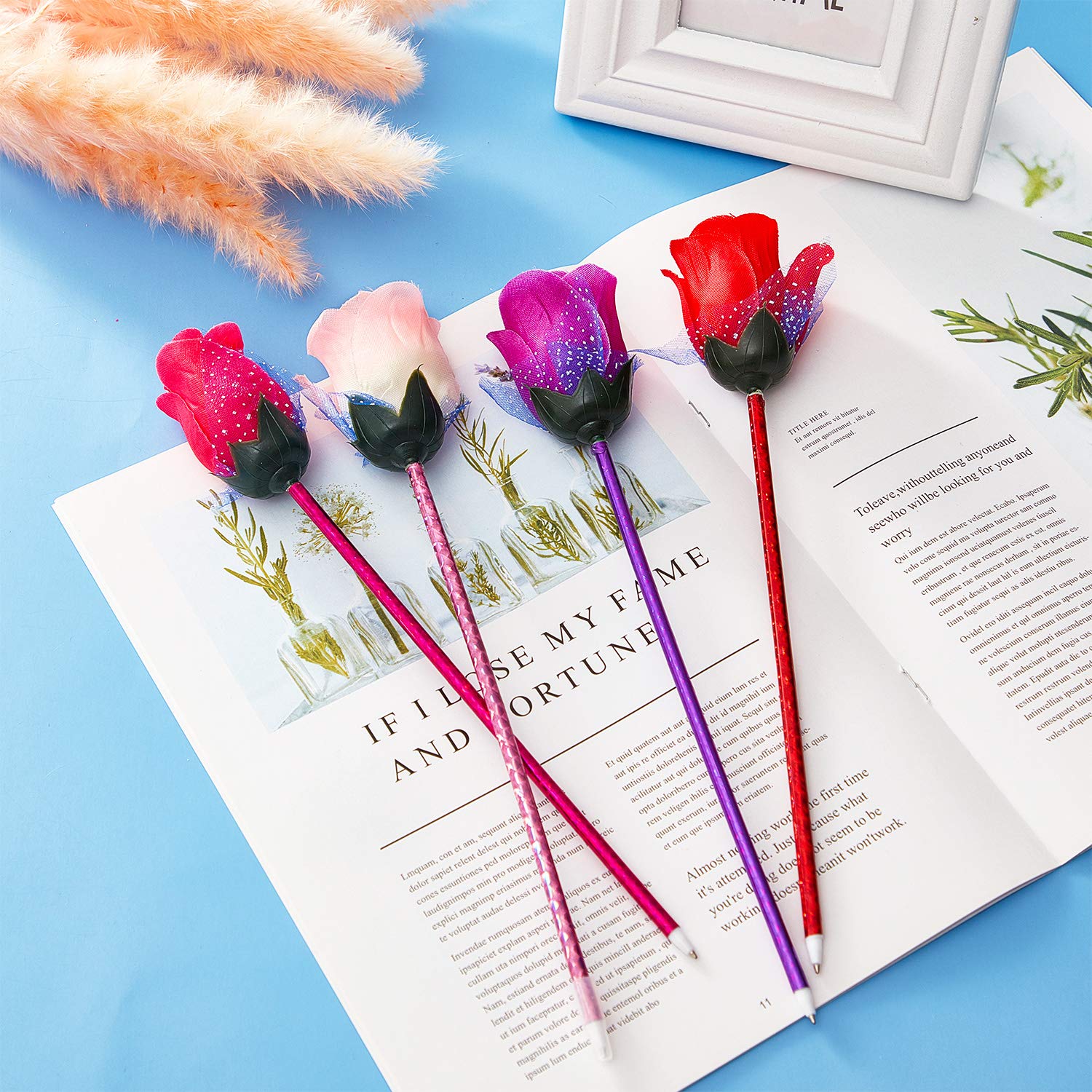 24-Pack Pink Rose Ballpoint Pens - Artificial Flower Writing Pens for Office, School & Gift Giving - Novelty Stationery Supplies for Adults (Random Colors) - Perfect for Valentine's Day, Weddings & Creative Journaling