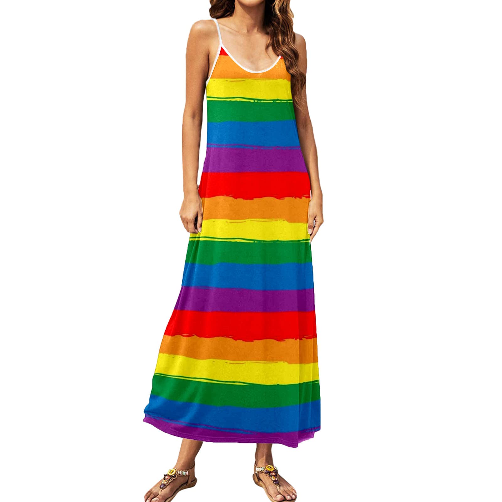 Women's Printed Round Neck Maxi Dress - Summer Spaghetti Strap Sundress for Beach & Vacation | Flowy T-Shirt Dress for Casual Outings, Travel & Outdoor Activities