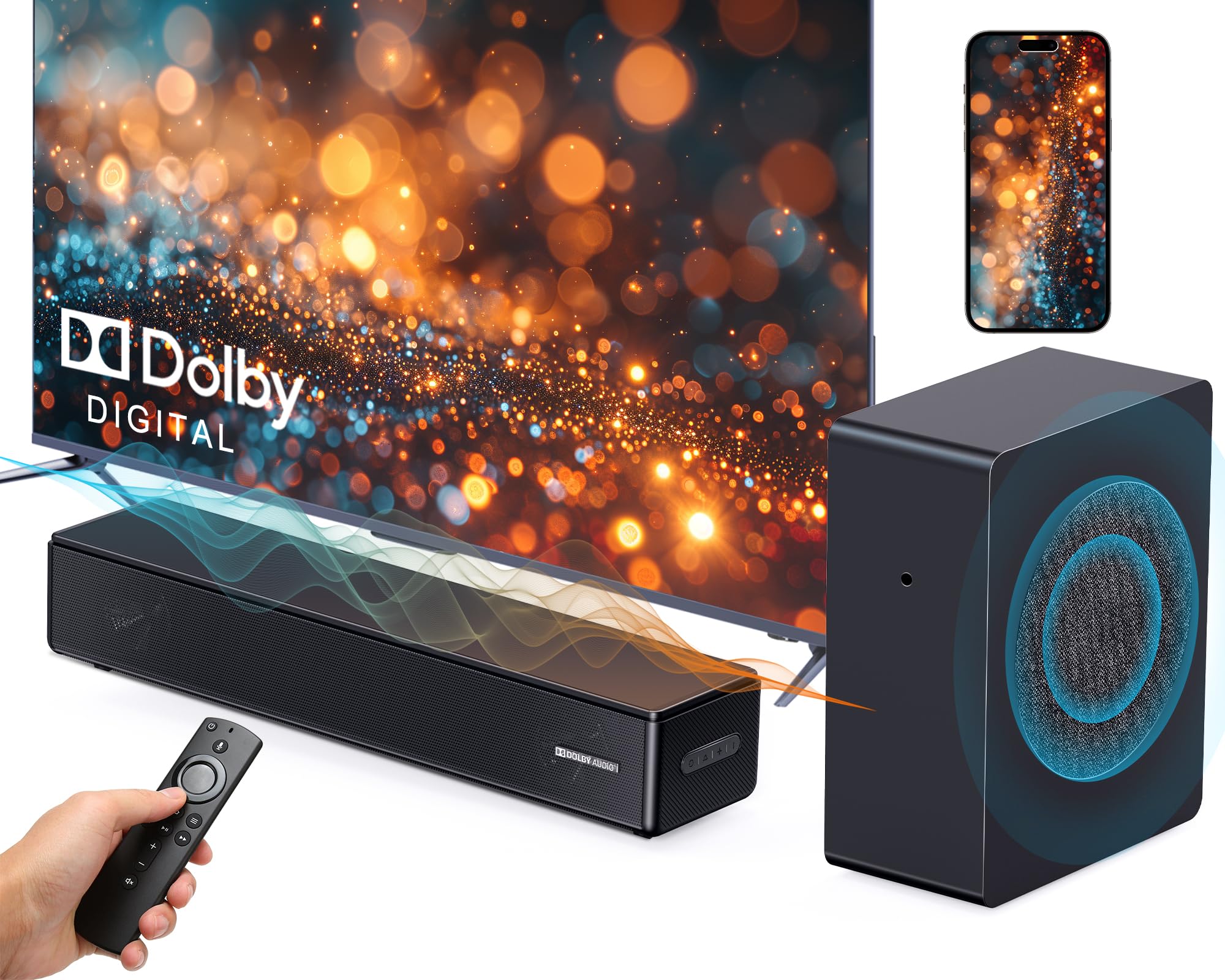 2.1 Channel Soundbar with Wireless Subwoofer - 200W Dolby Digital Home Theater System, HDMI eARC/Bluetooth 5.0/DSP/Remote - Surround Sound Speaker for Smart TVs - Perfect for Movie Nights & Gaming