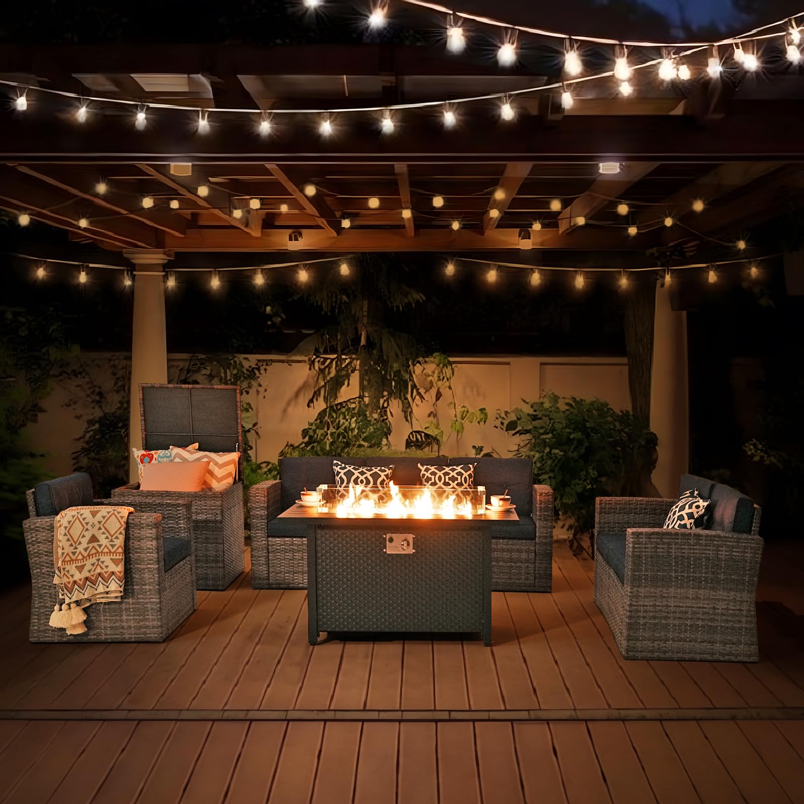 JOIVI 8-Piece Outdoor Patio Furniture Set with Fire Pit Table - Wicker Rattan Sectional Sofa Set with Storage Box & 3 Blue Cushions - Perfect for Garden, Poolside, Backyard, and Outdoor Entertaining