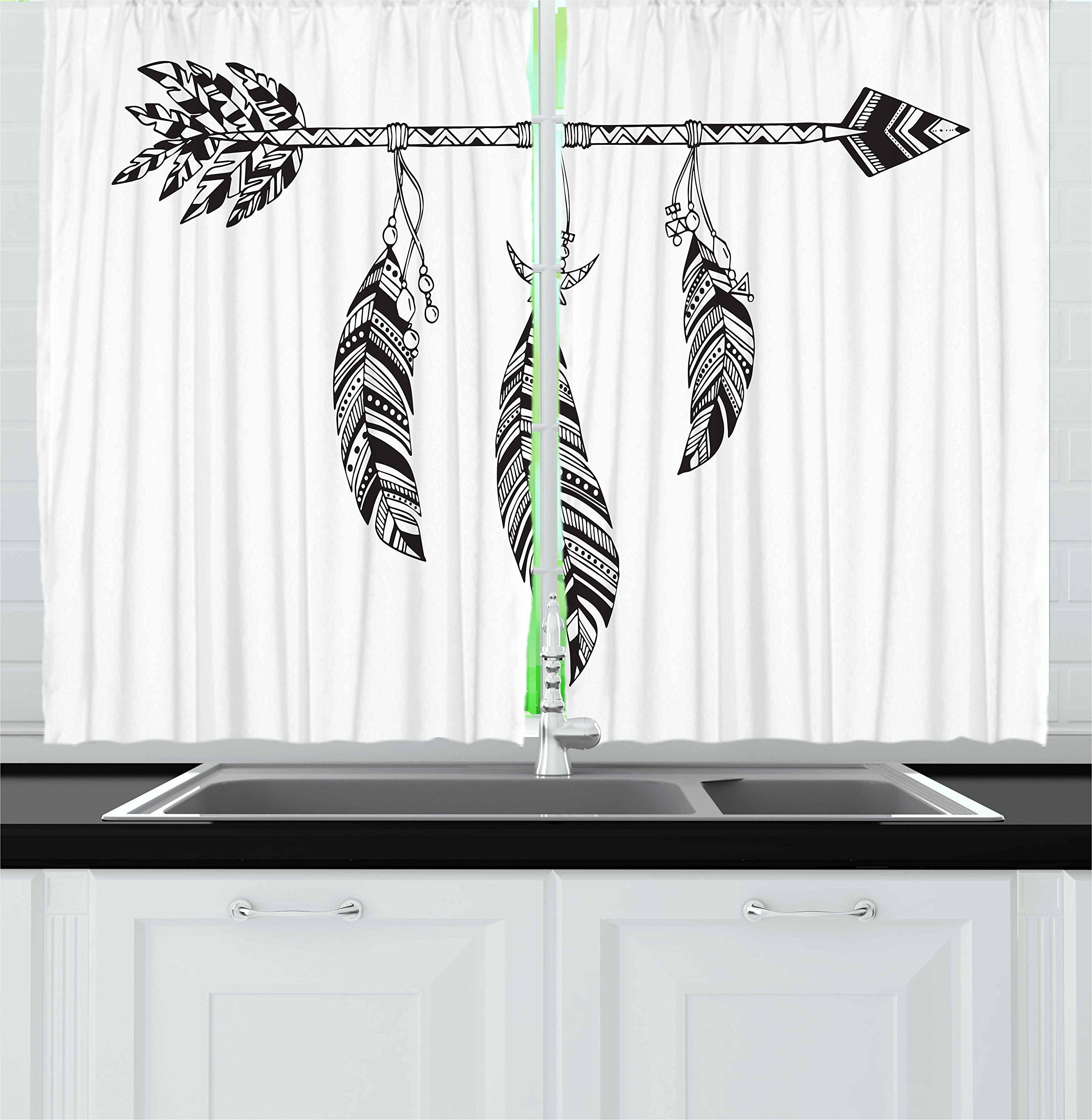 Ambesonne Bohemian Feather Kitchen Curtains - Black and White Tribal Arrow Design Window Drapes, 2 Panel Set 55