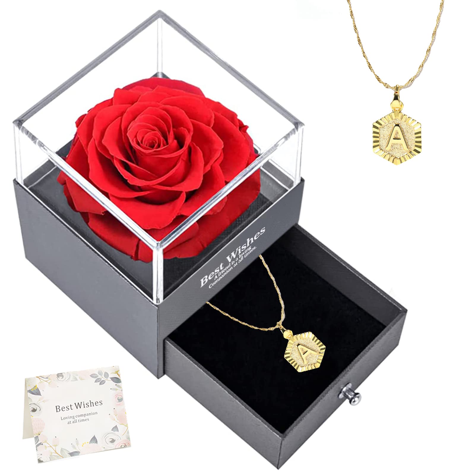 Forever Preserved Red Rose with Personalized Initial Necklace - Birthday Gift for Women, Girlfriend, Mom | Eternal Rose Jewelry for Anniversaries, Valentine's Day & Special Occasions