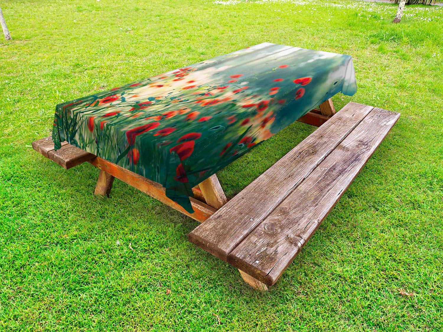 Ambesonne Waterproof Outdoor Tablecloth - Wild Red Poppy Flowers Design, 58x120 Inch Washable Picnic Table Cover for Garden Parties, BBQs, and Summer Picnics | Red Green Yellow Floral Pattern Decorative Cloth