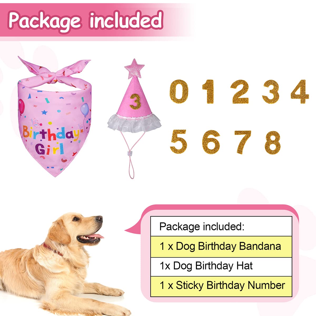 Dog Birthday Party Decorations - Adjustable Birthday Hat with Numbers & Cute Pink Bandana Set for Small, Medium, Large Dogs - Perfect Pet Supplies Gift for Puppy Birthday Celebrations