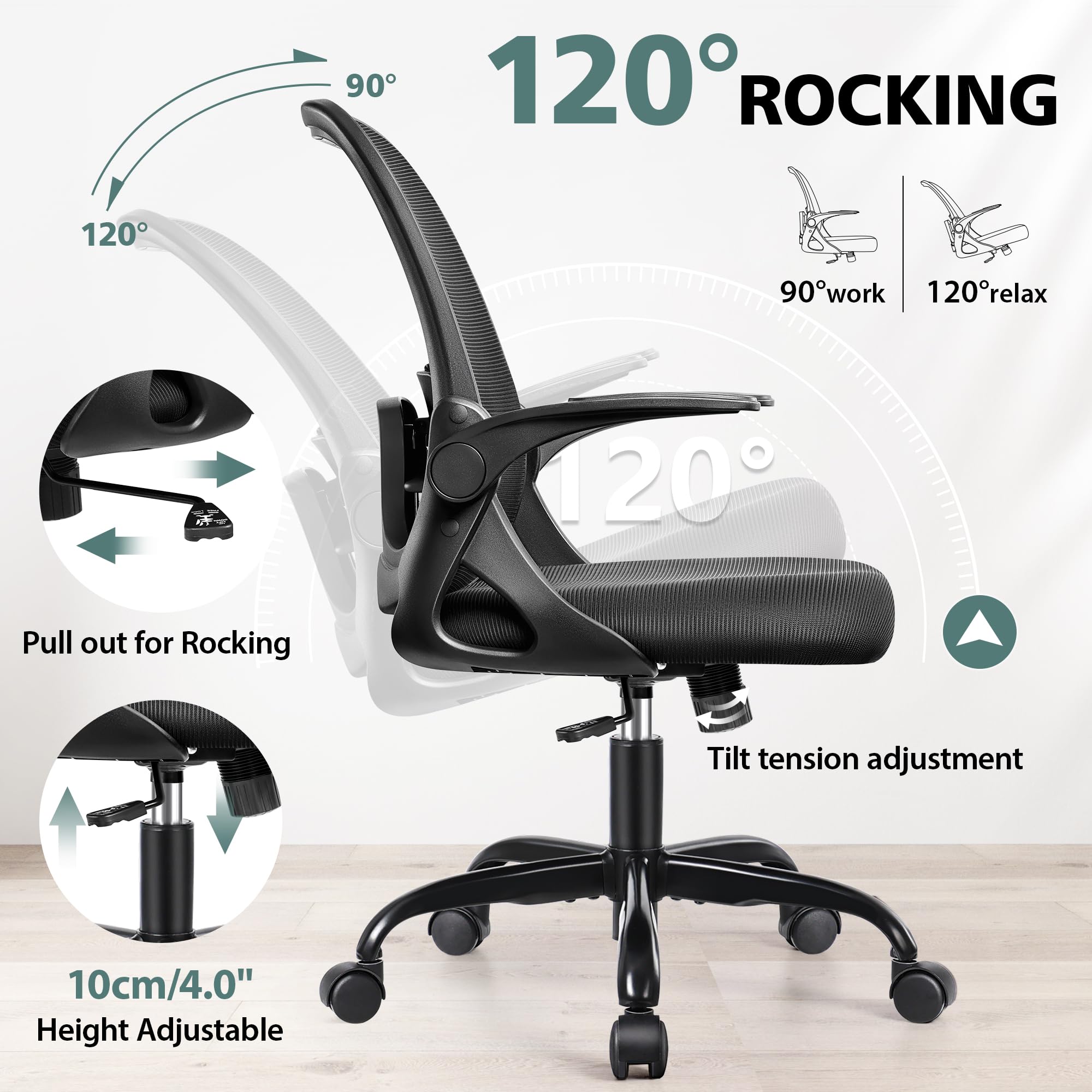 Ergonomic Office Chair with Lumbar Support & Flip-Up Arms - Breathable Mesh Computer Desk Chair, Adjustable Height Swivel Task Chair for Home Office, Bedroom, Study - Dark Gray | Perfect for Long Work Hours & Gaming Sessions