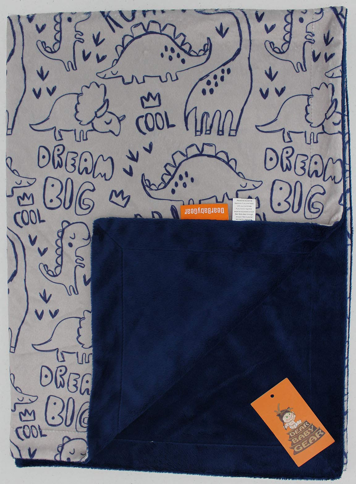 Dear Baby Gear Deluxe Baby Blanket - Unisex Reversible Soft Double Layer Blankets for Boys & Girls - Newborn Infant Crib Bedding Decor - Navy Dinosaur Roar Design, 40x30 Inches - Perfect for Nursery, Stroller & Swaddle