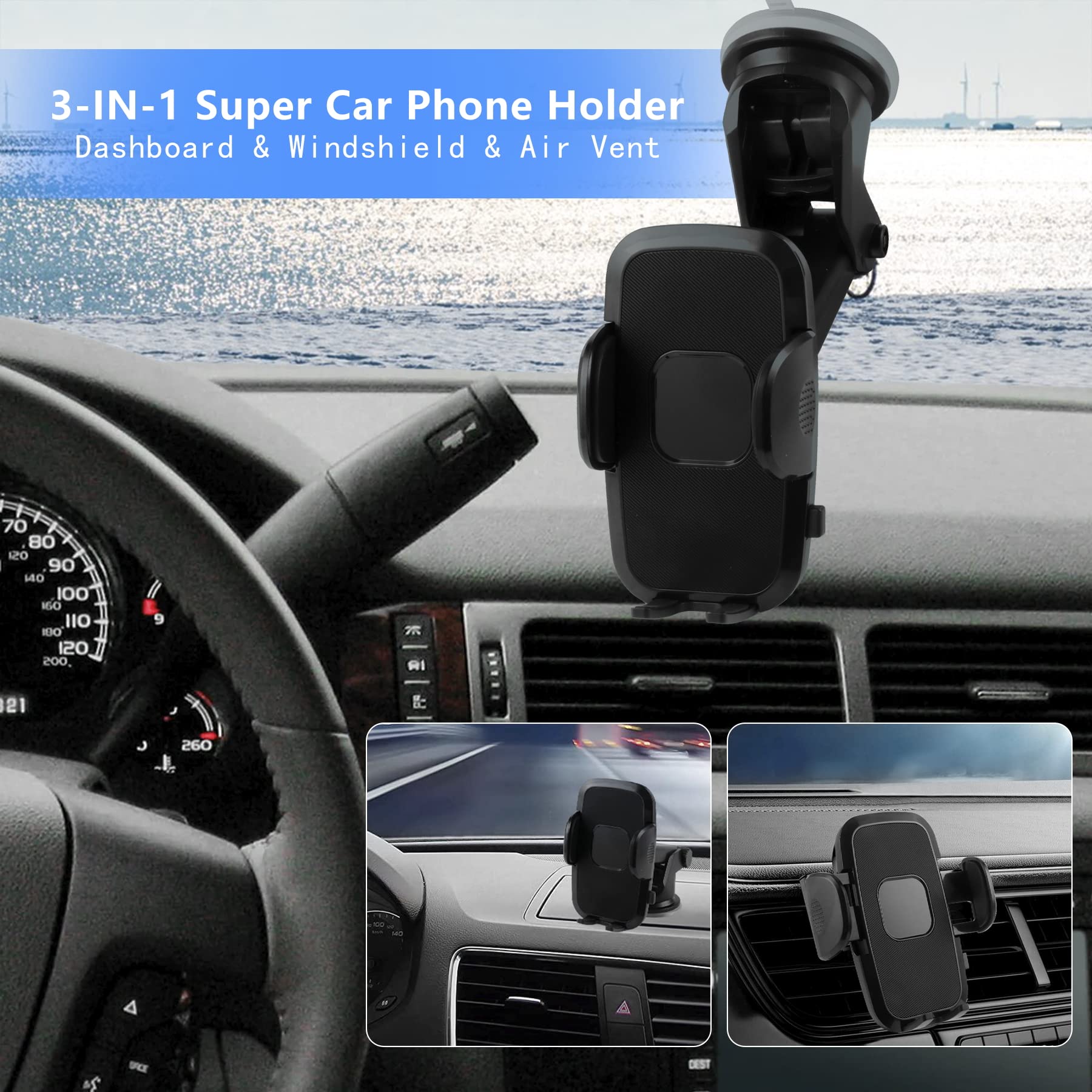 ALPMOSN 3-in-1 Suction Cup Car Phone Holder - Universal Windshield/Dashboard/Air Vent Mount for iPhone, Samsung & All Smartphones - Perfect for GPS Navigation, Hands-Free Calling & Road Trips