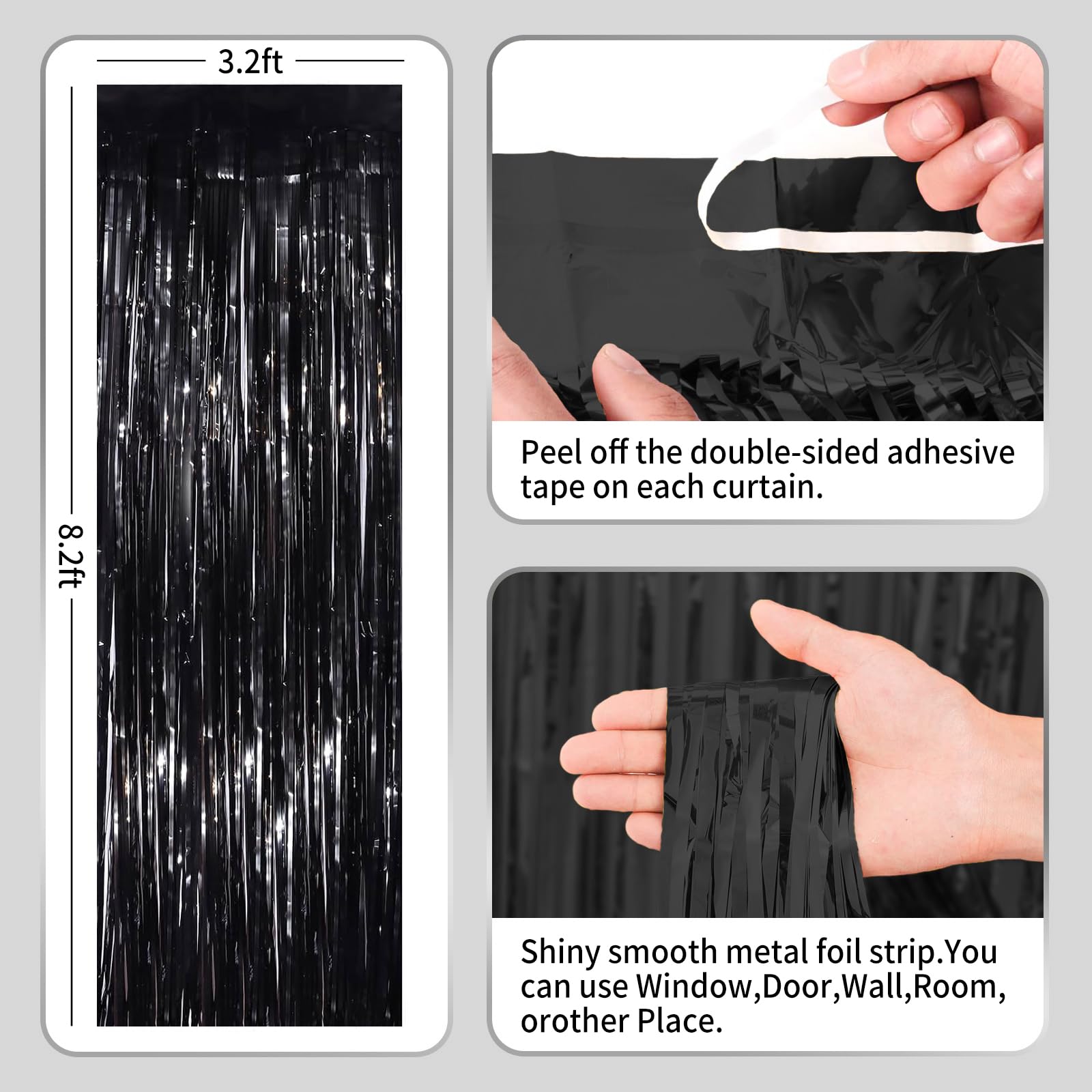 3 Pack Black Party Curtains - 3.3ft x 8.3ft Streamers for Birthday Decorations, Wednesday Addams Theme, Photo Booth Backdrop & Party Supplies | Perfect for Halloween, Goth Parties & Themed Events