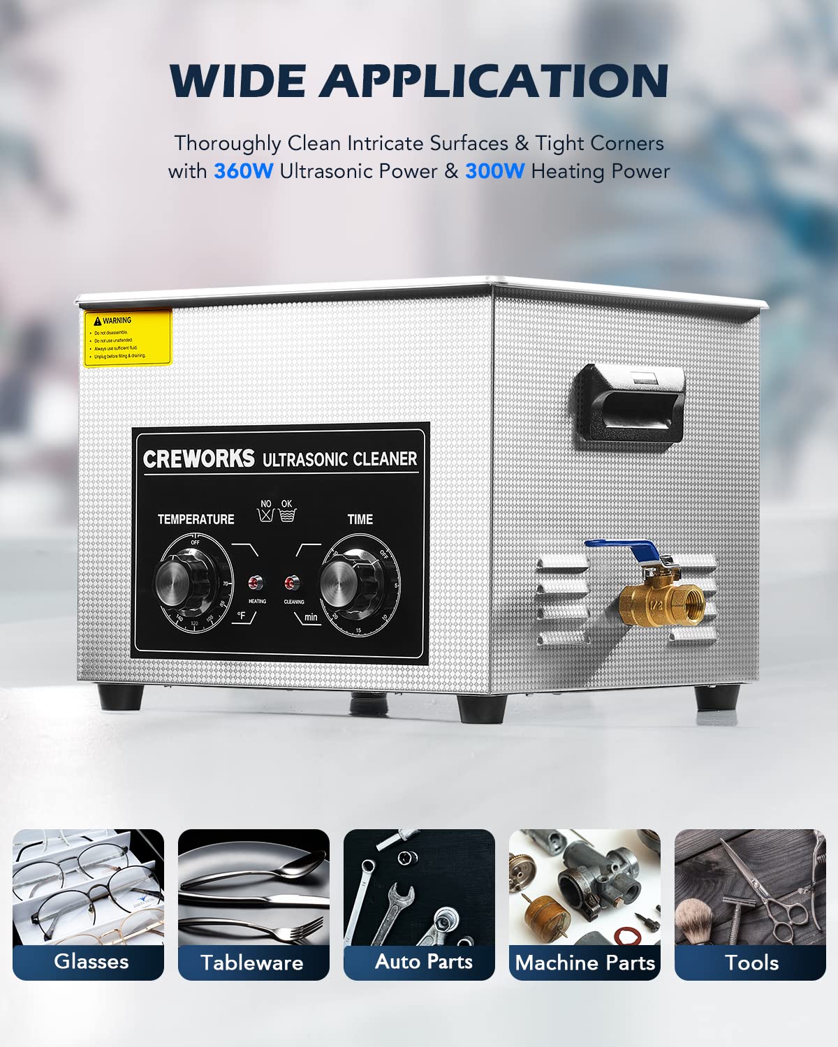 CREWORKS 15L 760W Professional Ultrasonic Cleaner with Digital Display & Heater - Industrial Auto Cleaning Machine for Carburetor, Tools, Jewelry, Glasses - Perfect for Home Workshop, Repair Shop & Dental Lab Use