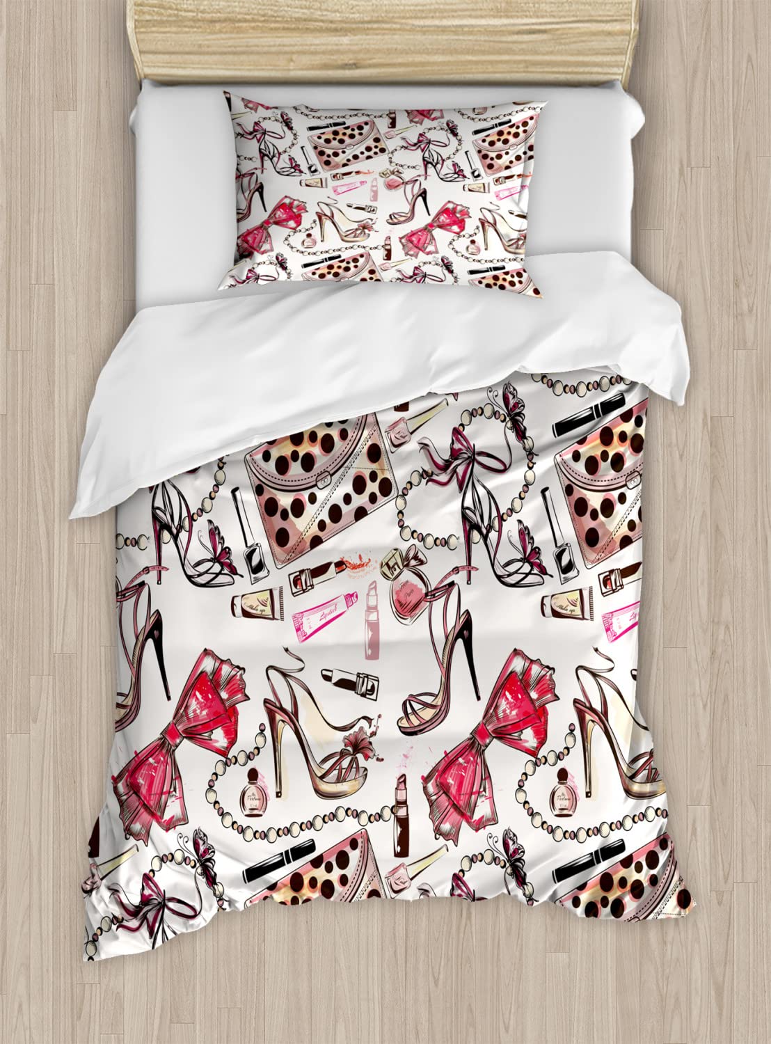 Ambesonne Fashion Duvet Cover Set - Feminine Shoes Lipstick Perfume Design, 2-Pack Twin Size Bedding Set with 2 Duvet Covers & 2 Pillowcases, Black Pink Tan - Perfect for Teen Girls' Bedroom, Dorm Room Decor & Gift Ideas