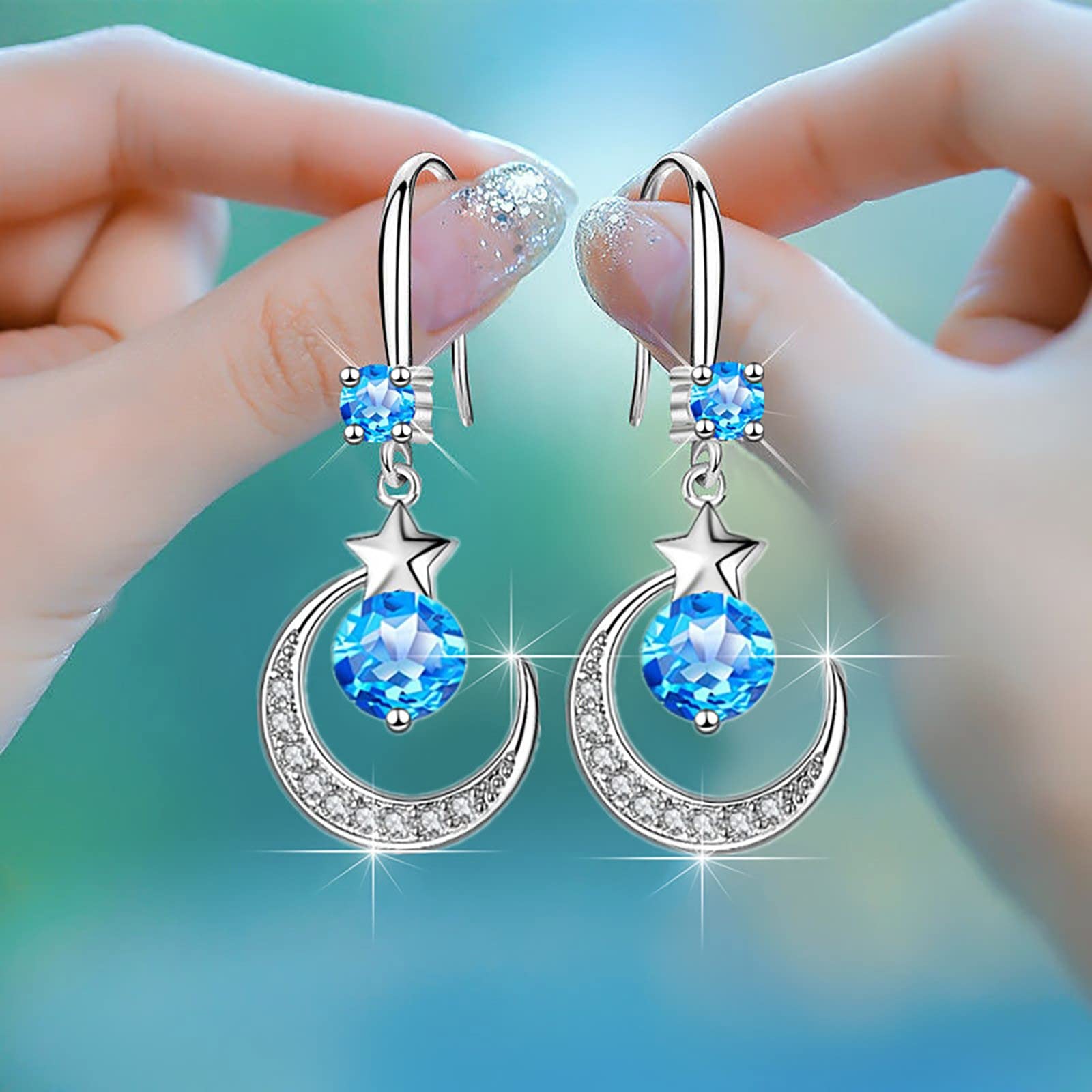 1 Pair Women's Diamond-Studded Moon & Star Earrings - Elegant Night Sky Jewelry for Women - Perfect Birthday, Christmas & Valentine's Day Gifts for Her - Blue Crystal Earrings for Party, Date Night & Special Occasions