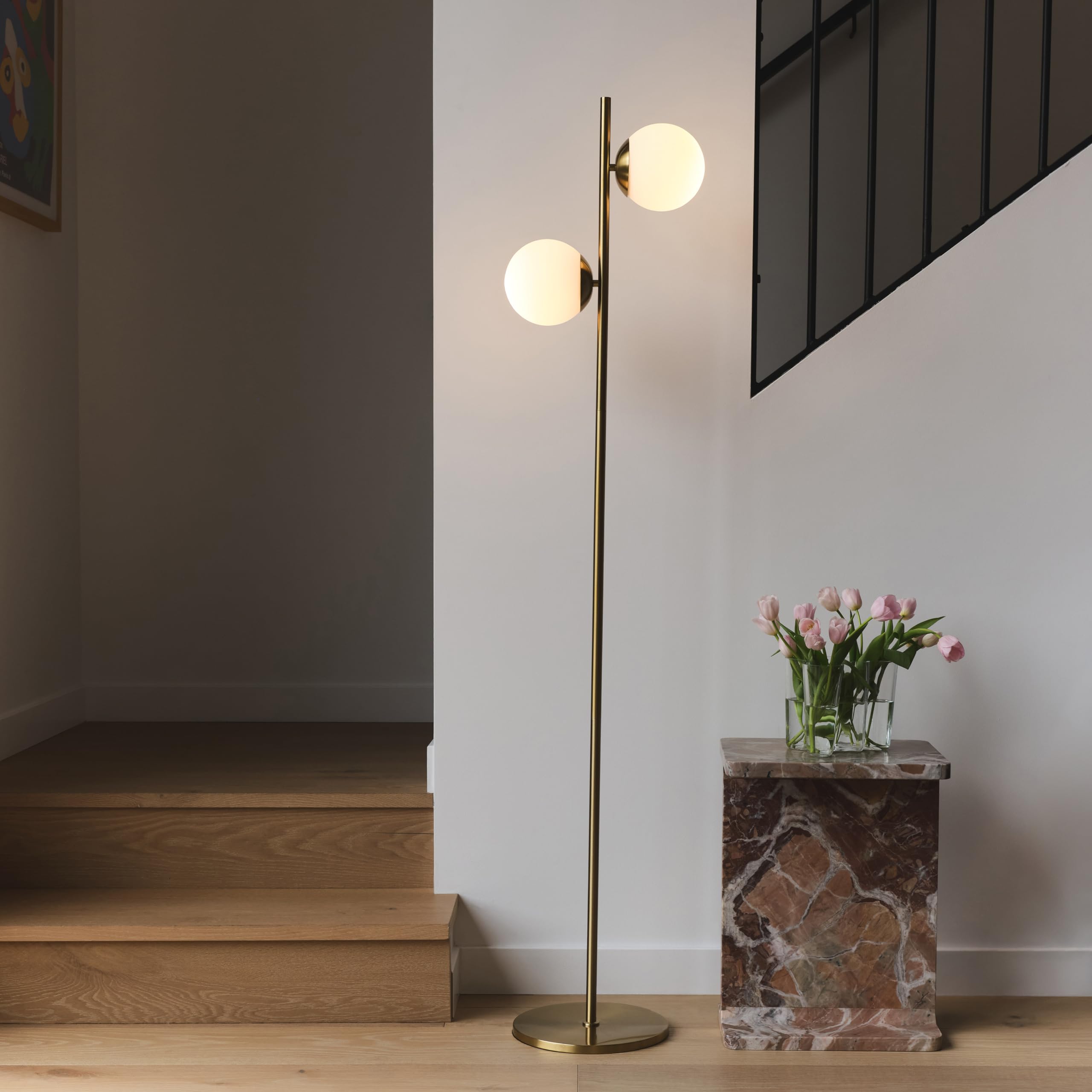 Brightech Sphere LED Floor Lamp - Mid-Century Modern 2 Globe Standing Light for Living Room, Bedroom & Office - Gold/Antique Brass - Perfect for Reading, Working & Contemporary Home Decor