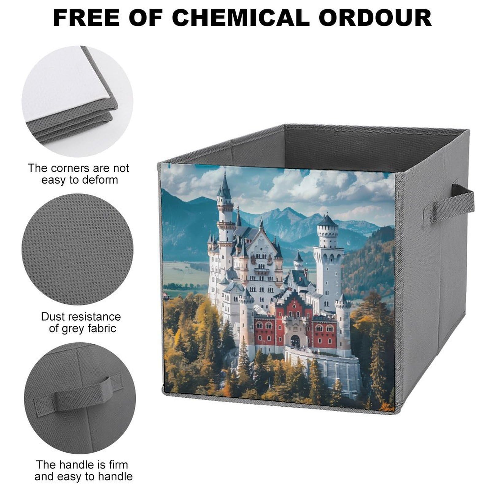 Germany Neuschwanstein Castle Folding Storage Cubes - 2 Pack Collapsible Fabric Bins with Handles for Home, Office, Closet & Toy Organization (White) | Space Saving Storage Solution for Bedroom, Kids Room & Dorm
