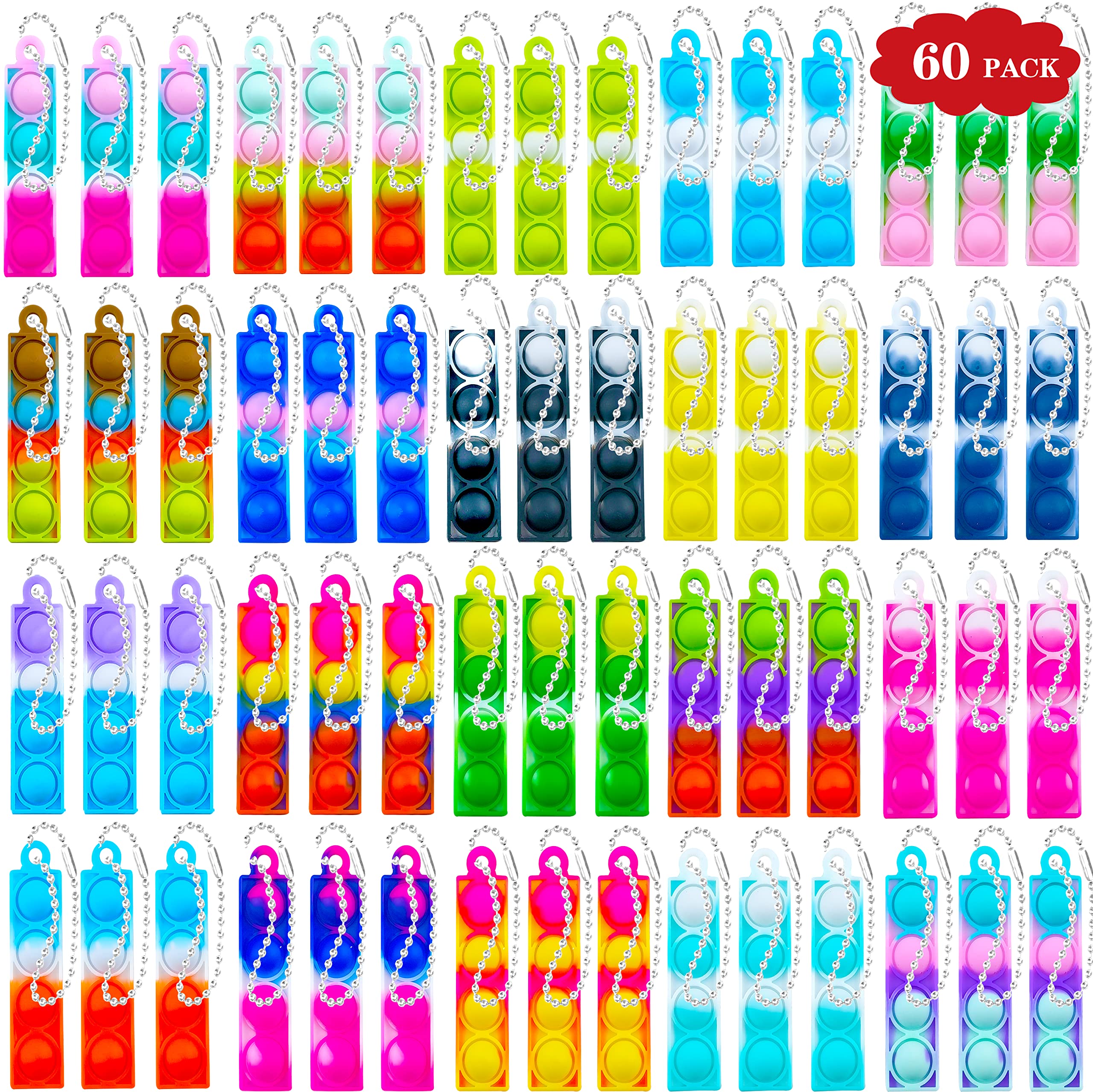 60 PCS Mini Pop Fidget Keychain Toys for Stress Relief - Push Pop Bubble Sensory Fidget Pack, Small Bulk Wrap Pop Toys for Kids & Adults - Anti Anxiety Decompression Kit for Office, School & Travel