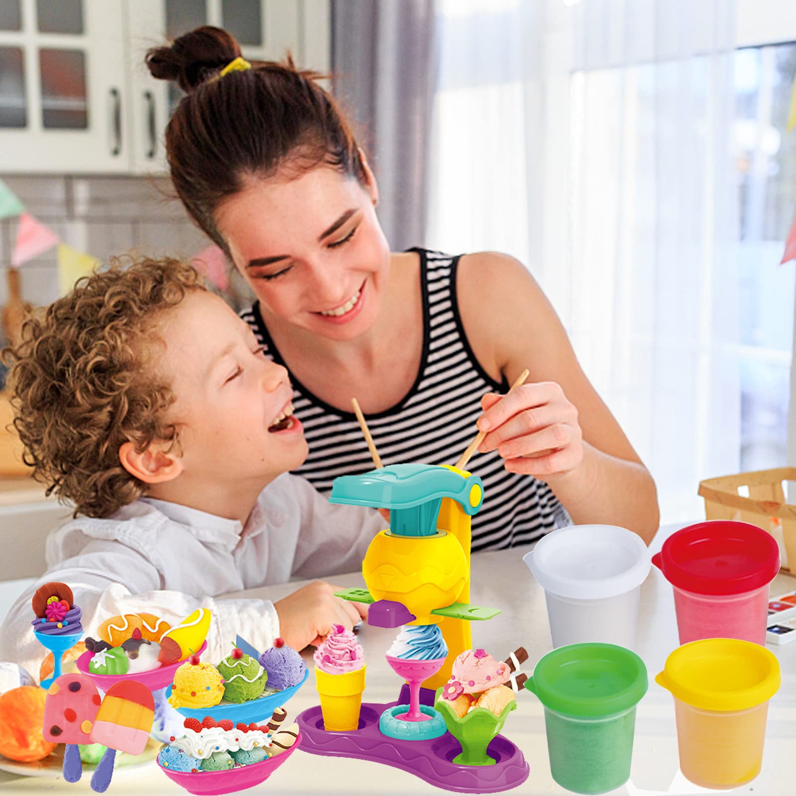 Colorful Ice Cream Play Dough Set - 21Pcs Kitchen Creations & Ice Cream Truck Maker with Clay Dough Tools - Creative Pretend Play Toy for Kids, Girls & Boys - Perfect for Birthday Gifts & Preschool Learning Activities