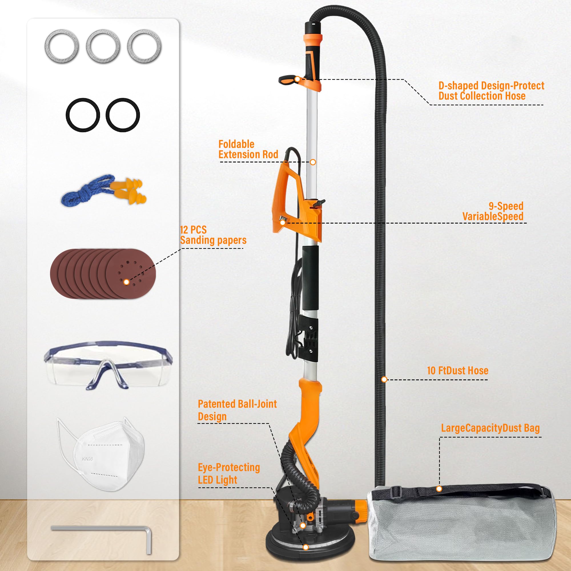 1050W Electric Drywall Sander with Vacuum System - Heavy Duty LCD Digital Display, 9-Speed Adjustable (800-2100 RPM) - Foldable Extendable Handle & 12 Sanding Discs Included - Perfect for Drywall, Wood Floor Sanding & Home Renovation Projects