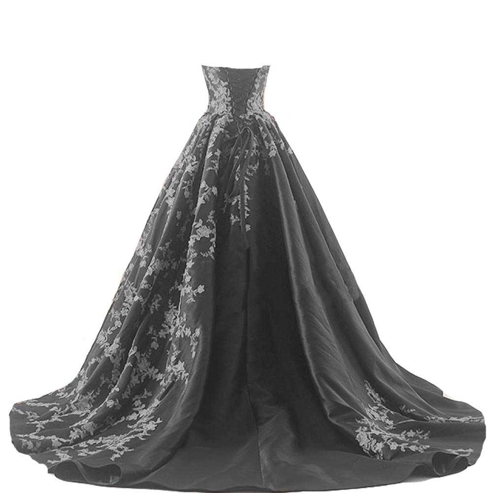 Gothic Black Satin Lace V-Neck A-Line Long Prom Corset Wedding Dress for Women | Elegant Evening Gown for Prom, Homecoming, Bridal Party & Formal Events