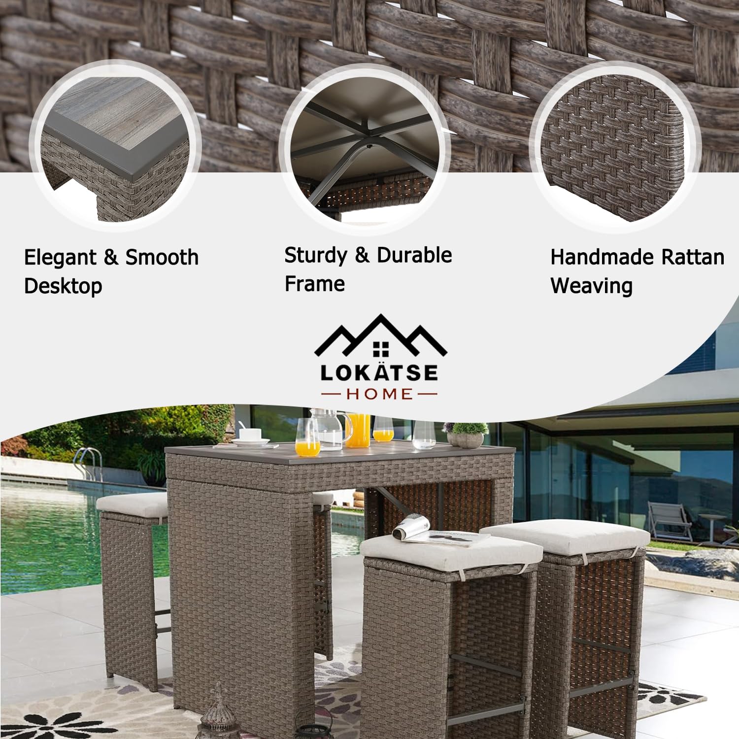 LOKATSE HOME 5-Piece Outdoor Bar Set with Patio Stools & Rattan Table - Pub Height Wicker Furniture with Removable Cushions - Perfect for Backyards, Porches, Gardens, Poolside & Outdoor Entertaining - Brown