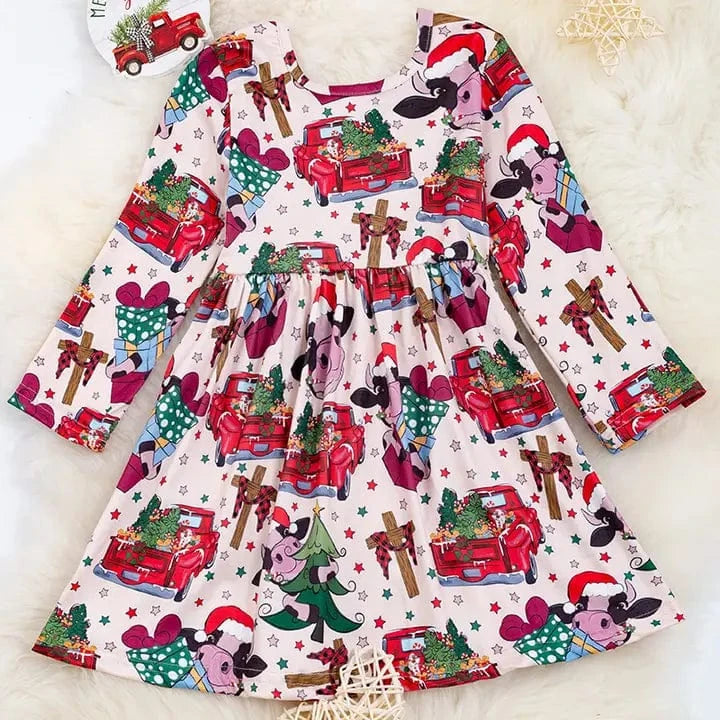Girl's Christmas on the Farm Dress - Holiday Party Outfit for Kids - Perfect for Christmas Photos, Family Gatherings & Festive Celebrations