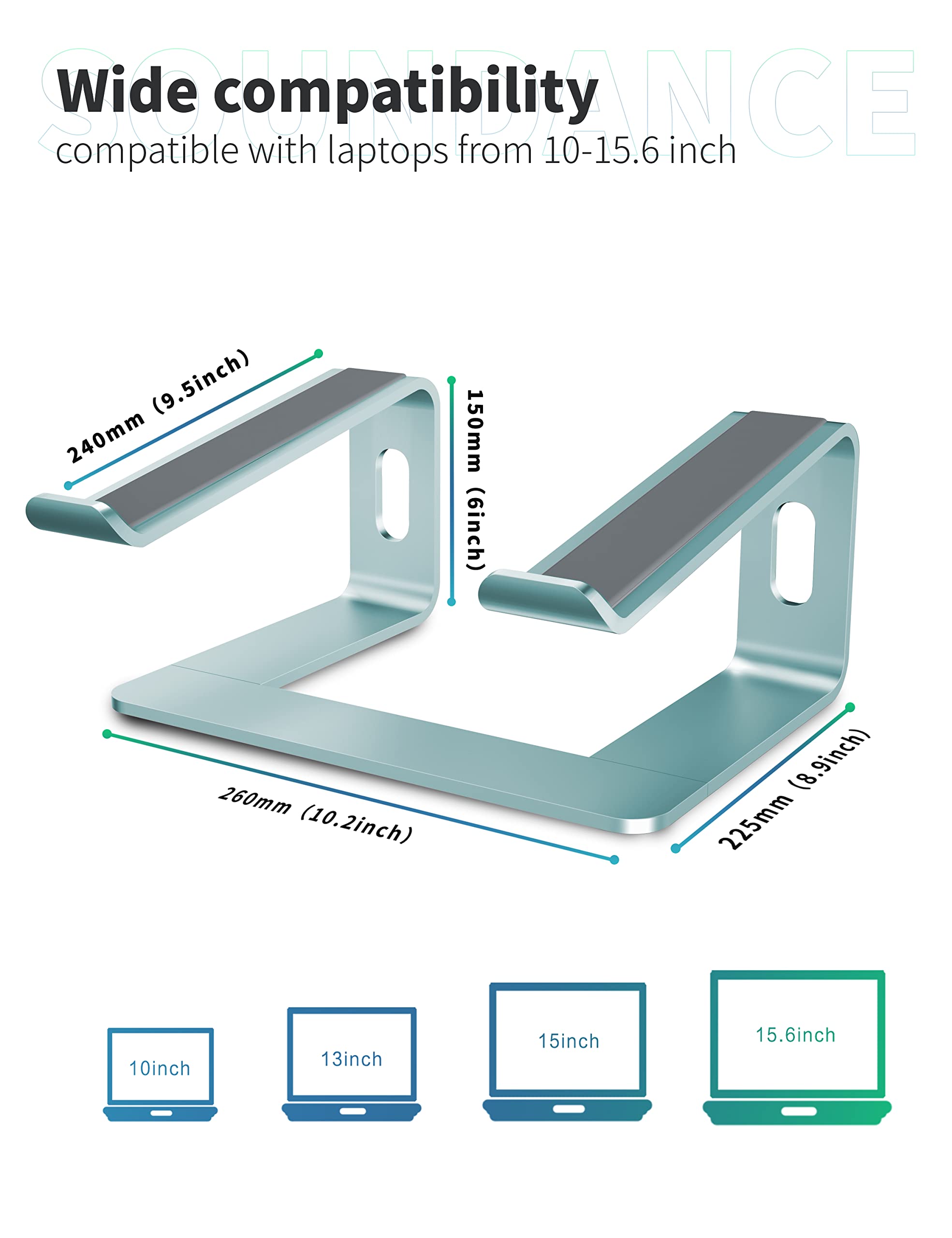 SOUNDANCE Aluminum Laptop Stand for Desk - Ergonomic Computer Riser Holder Compatible with MacBook, Dell, HP (10-15.6 Inch) - Adjustable Notebook Elevator for Home Office & Workspace (Aquamarine)