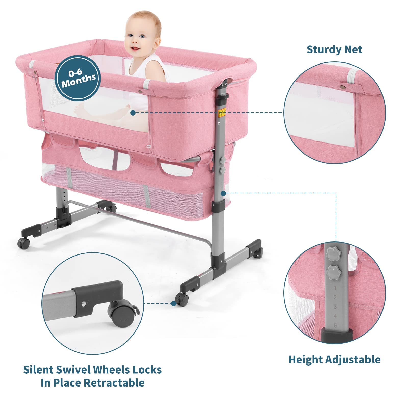 3 in 1 Portable Baby Travel Crib with Breathable Mesh & Adjustable Height - Detachable Mosquito Net & Mattress Included - Perfect for Infants, Toddlers & Newborns (Pink) | Ideal for Home, Travel, Camping & Outdoor Use