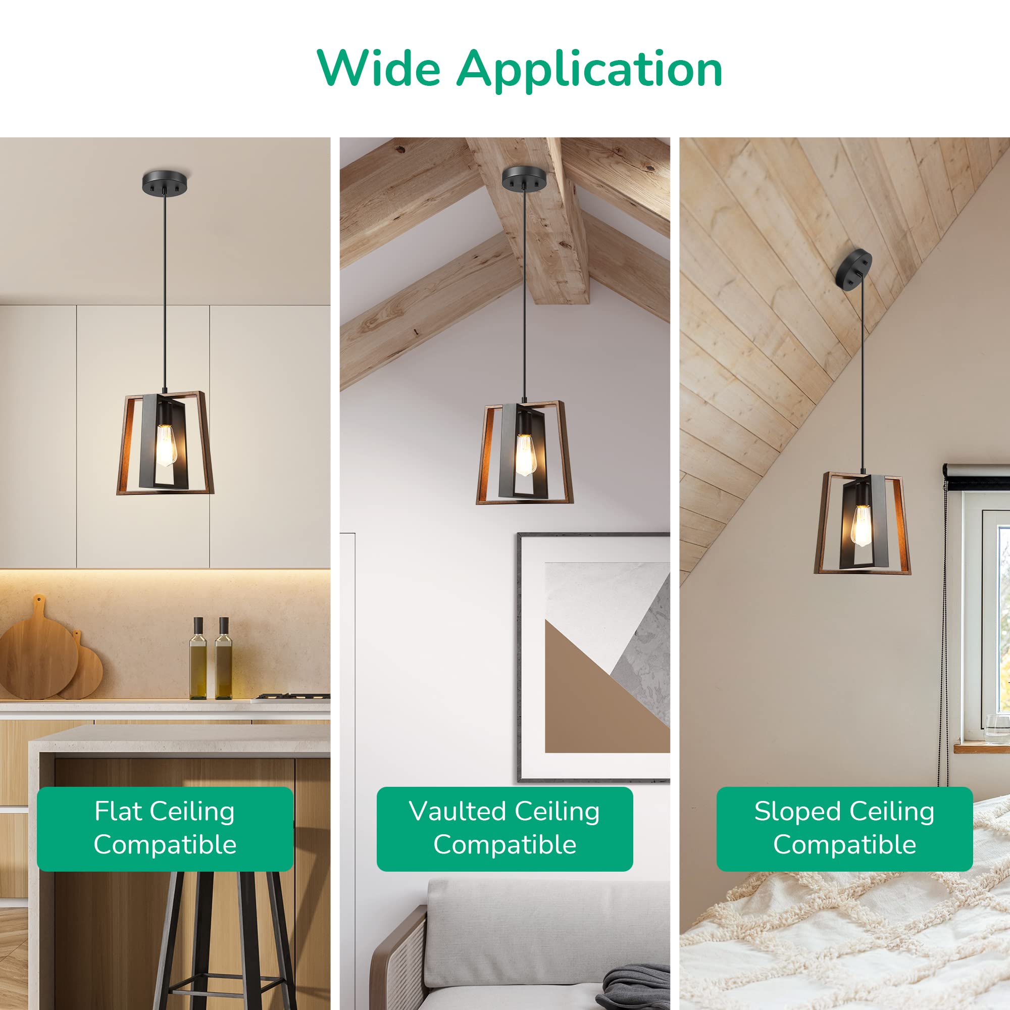 EDISHINE Black Wood Grain Adjustable Farmhouse Pendant Lights - Kitchen Island Lighting Fixture for Dining Room & Hallway | Rustic Home Decor, Dimmable Hanging Lights for Modern & Traditional Interiors