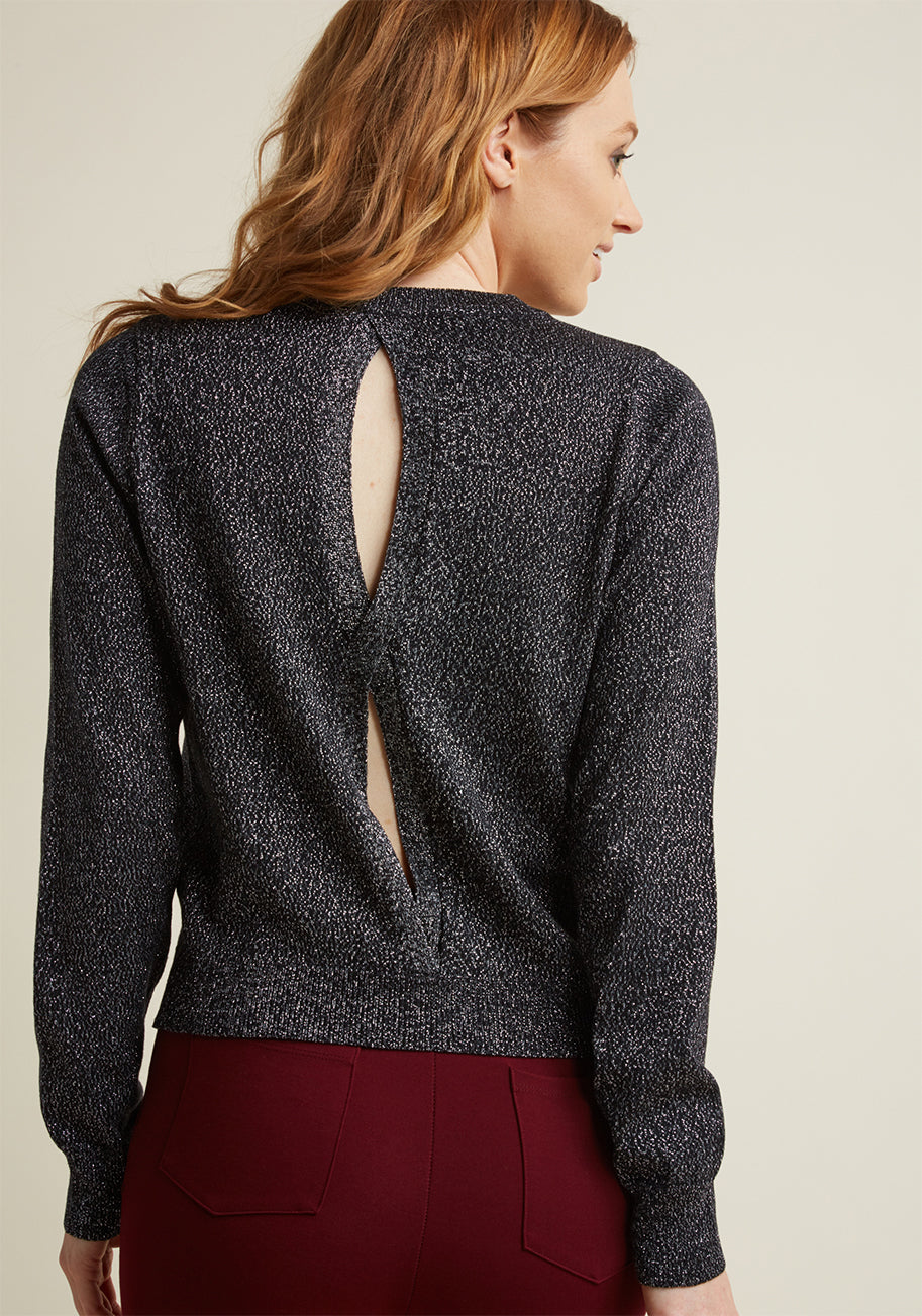 Black Metallic Open Back Sweater for Women - Elegant Party & Evening Wear