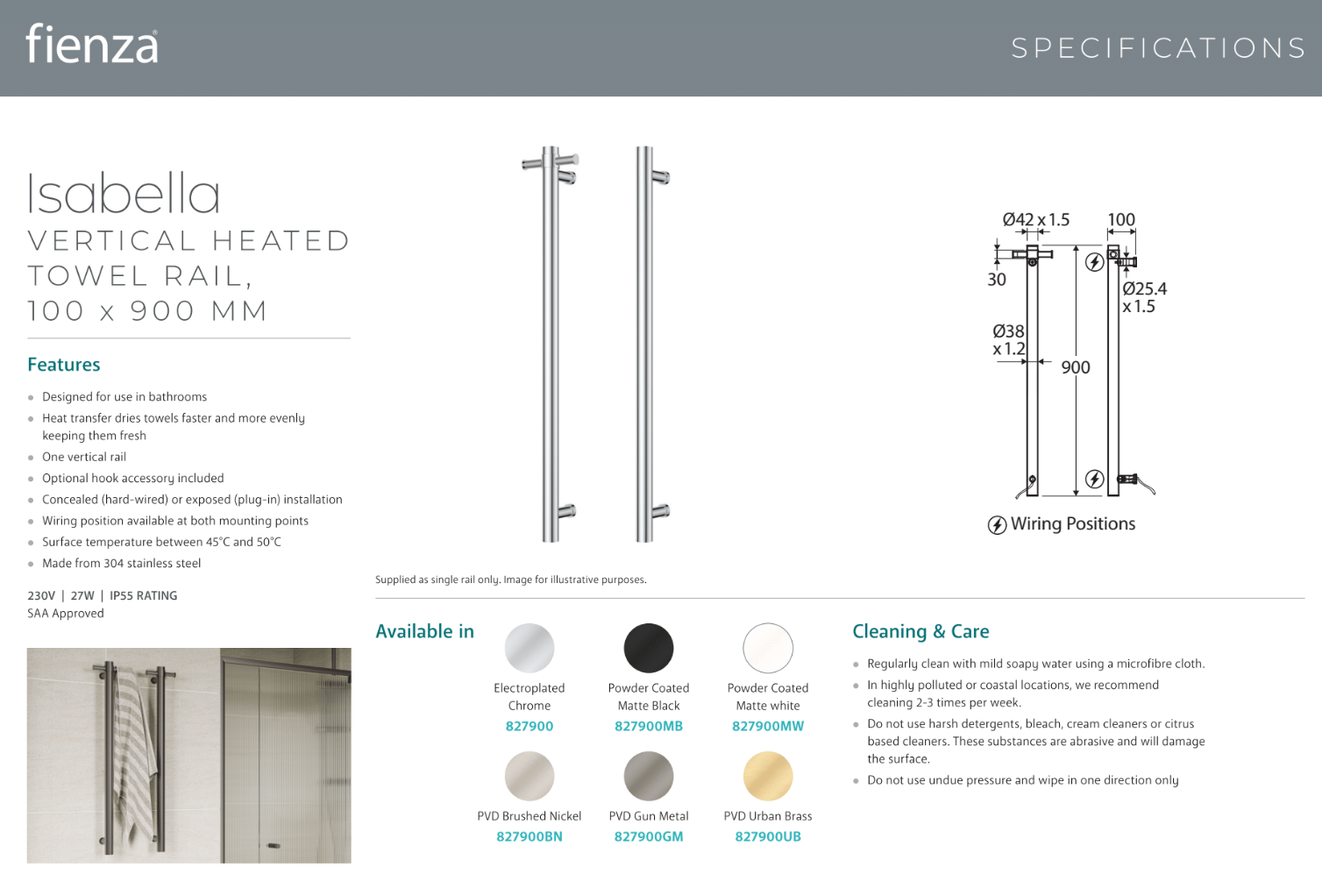 Fienza Isabella 827900 Vertical Heated Towel Rail - 100 x 900mm Chrome Finish | Bathroom Heated Towel Warmer for Spa, Luxury Home & Hotel Use