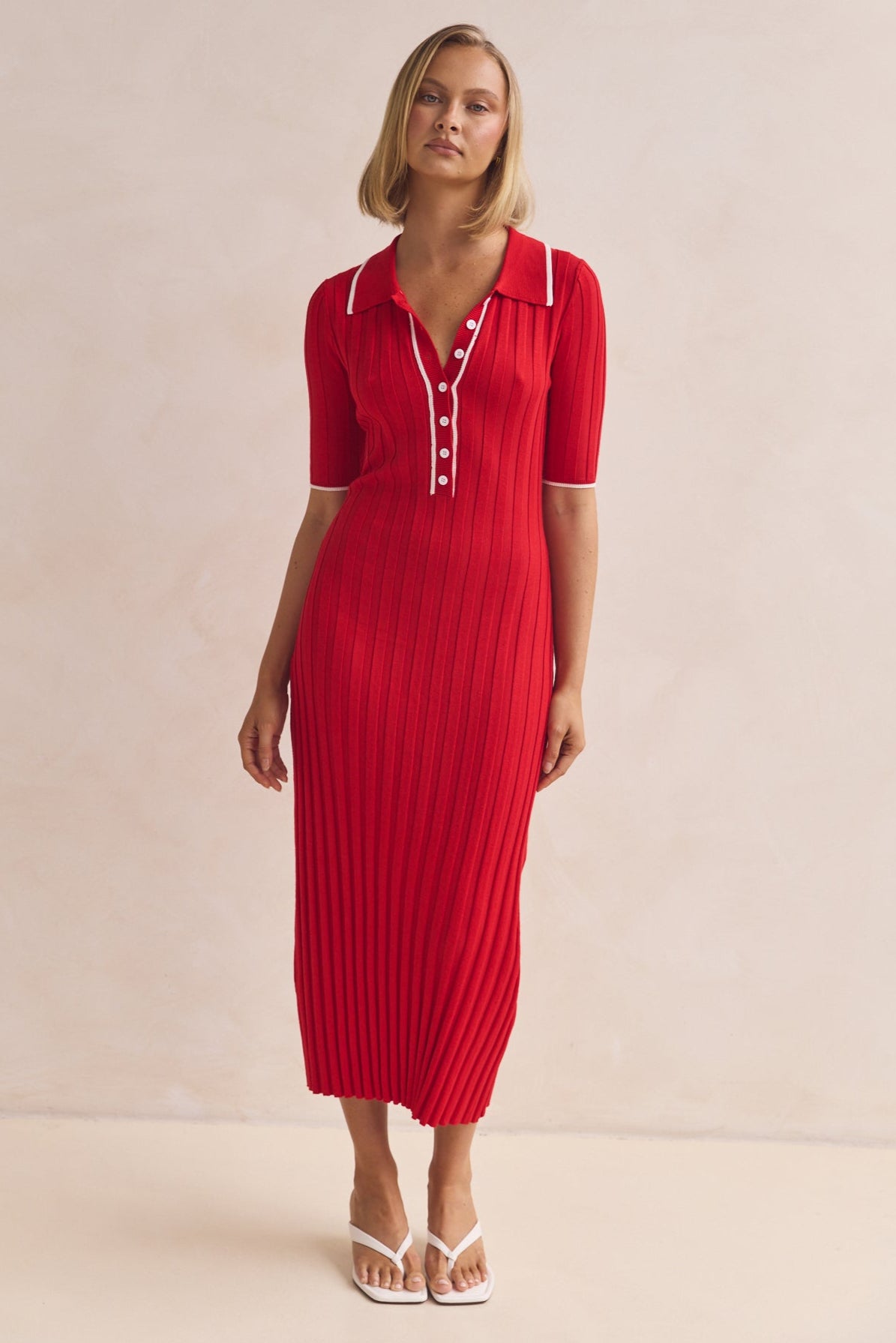 Serene Midi Dress for Women - Flowy Red Summer Dress with Short Sleeves | Perfect for Beach, Vacation & Casual Outings