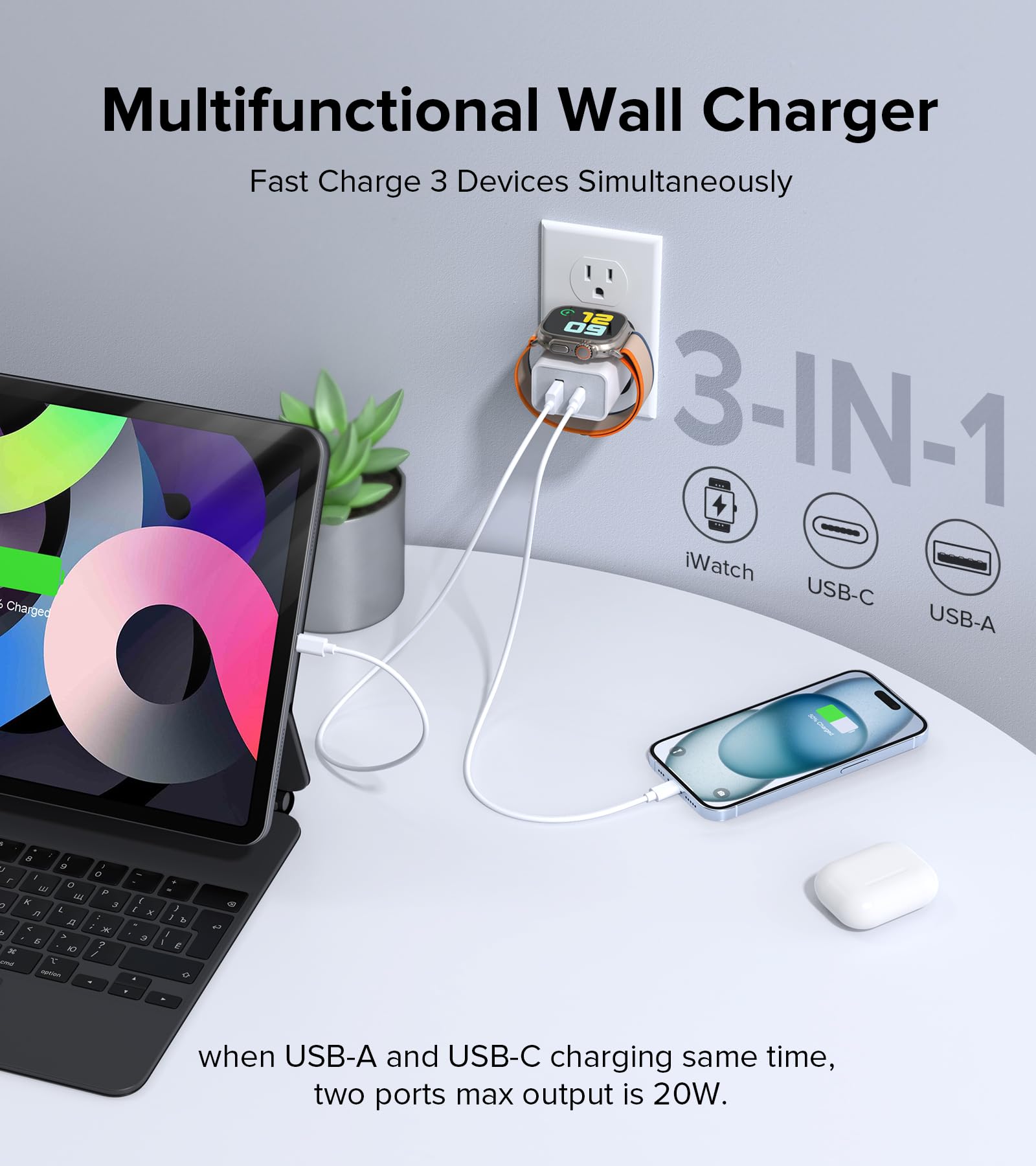 LCGENS 20W USB C Fast Charger for Apple Watch, iPhone 12/13/14/15/16 Pro Max, XS/XR/X, iPad Pro & Samsung Galaxy - PD Wall Charger Adapter with Multiport (White) - Perfect for Travel, Home & Office Charging