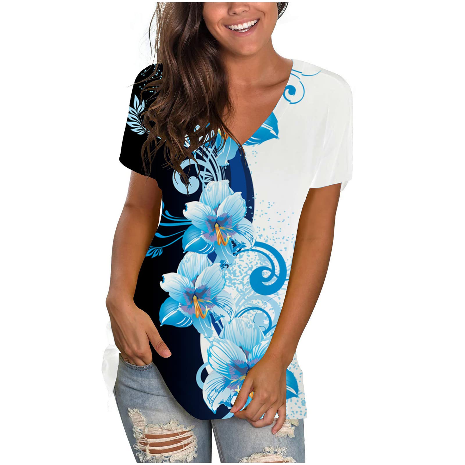 Women's Casual Summer Short Sleeve V-Neck T-Shirts - Trendy Floral Print Loose Fit Blouse Tops | Soft & Comfortable for Daily Wear, Beach Outings & Summer Vacations