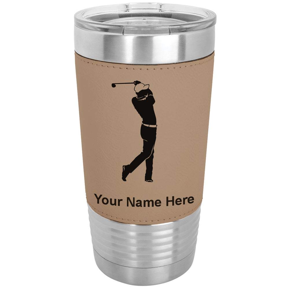 LaserGram 20oz Vacuum Insulated Stainless Steel Tumbler with Leakproof Lid - Custom Engraved Golf Gift for Men & Women - Perfect for Golf Course, Office & Outdoor Activities (Faux Leather, Light Brown)