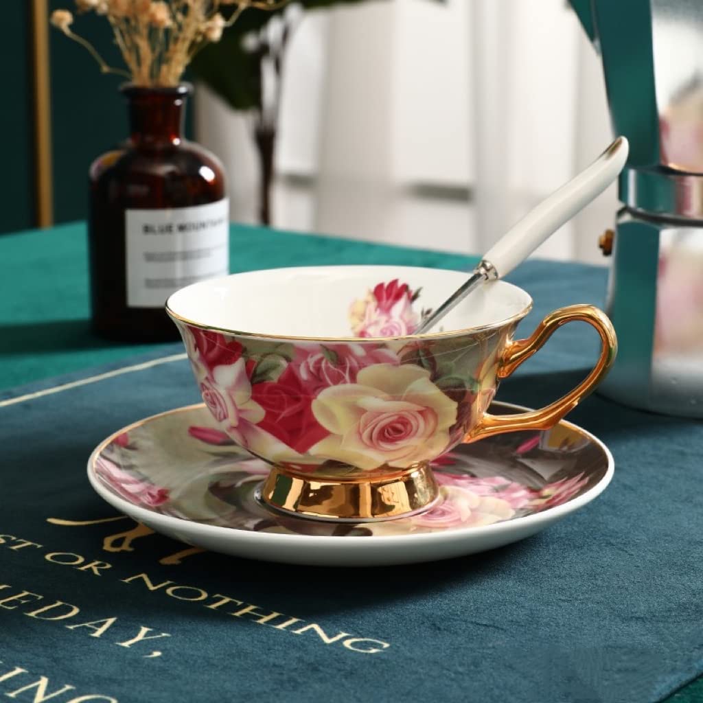 Premium Ceramic Coffee Cups Set of 1 with Saucer - European Floral Bone China Tea Cup for Au Lait, Latte, Mocha & Cappuccino (7 oz) - Elegant Mother's Day Gift for Home, Cafe & Office Use