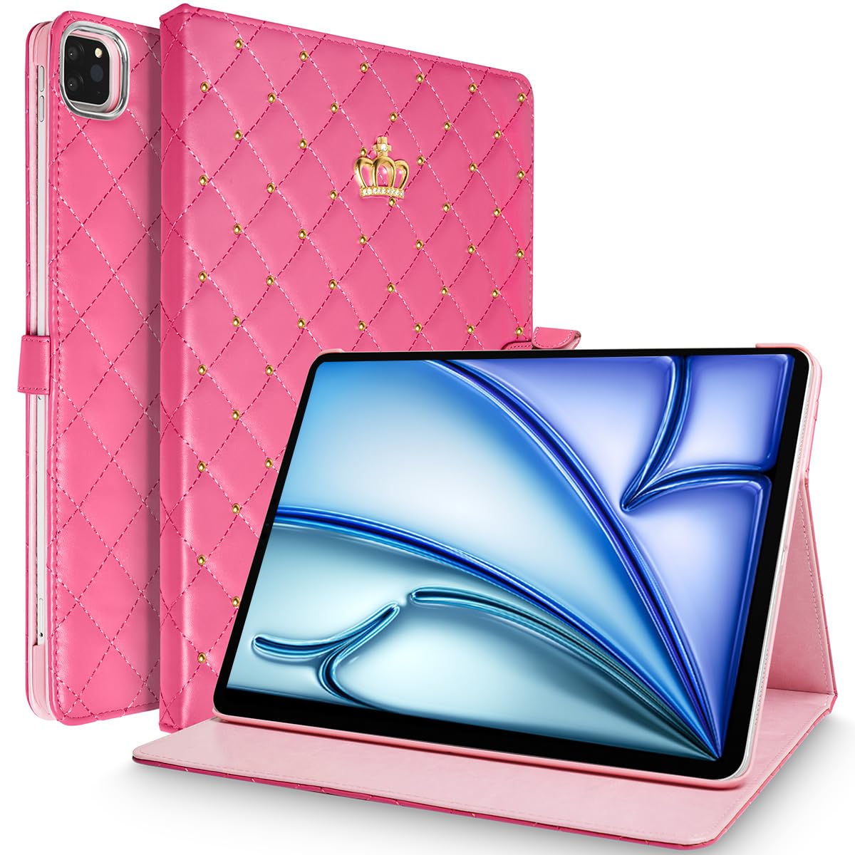 Topwin Cute Crown Case for iPad Air 11-inch/iPad Pro 11 (2022/2021) - Bling Diamond PU Leather Smart Cover with Auto Sleep/Wake Function - Rose Red - Perfect for Work, School & Travel Protection