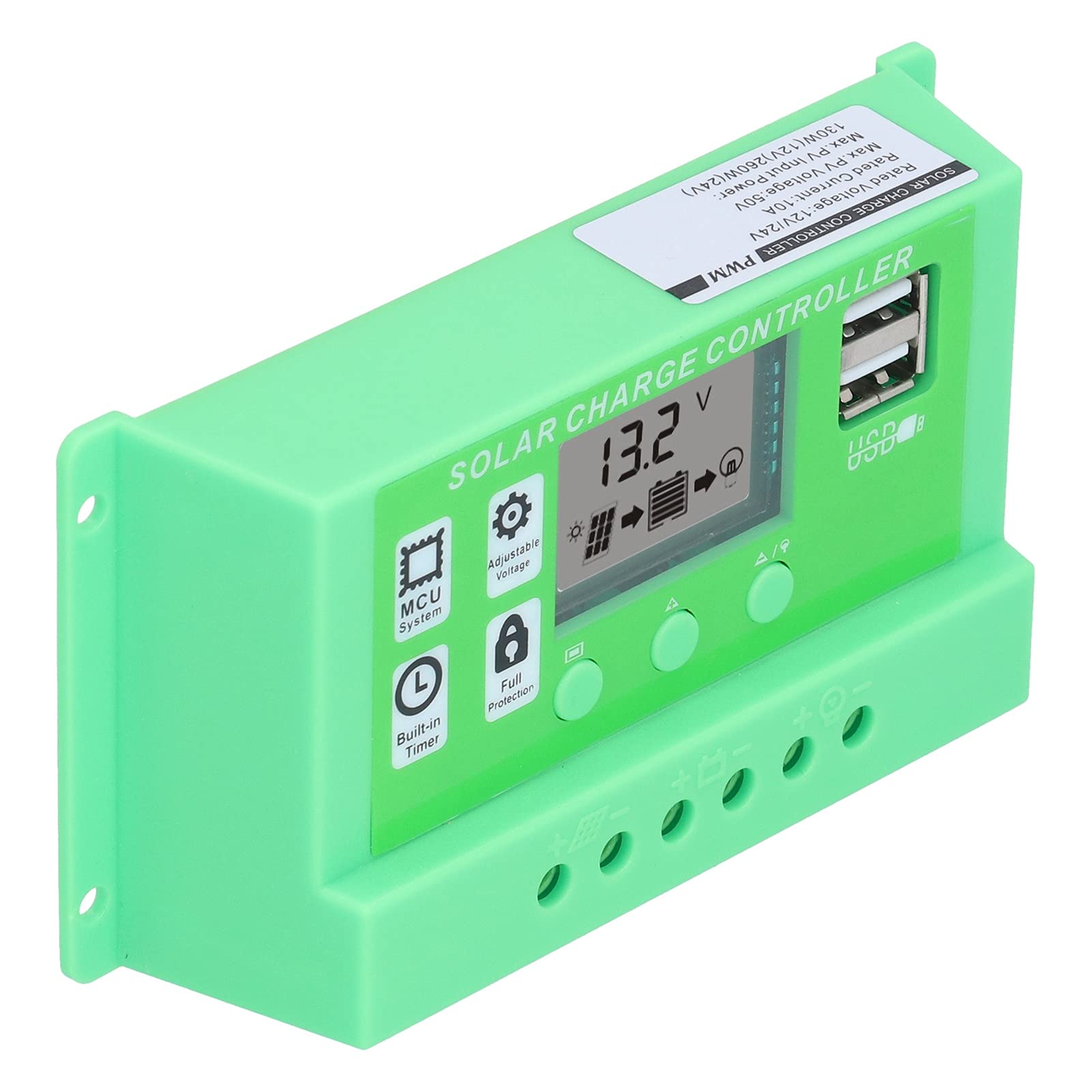 12V/24V PWM Solar Charge Controller with LCD Display - 10A Solar Panel Regulator for RV, Boat, Off-Grid Power System - Efficient Battery Charging Management for Renewable Energy