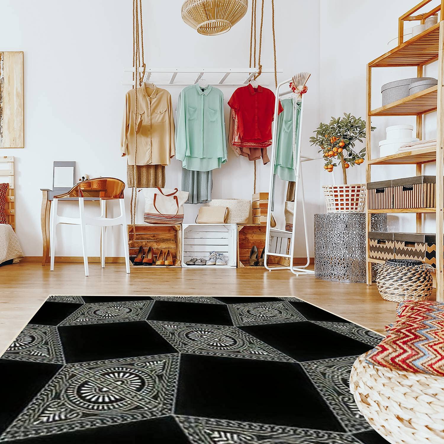 Modern Abstract Area Rugs - Stain Resistant Non-Slip Carpet Mat for Living Room, Bedroom, Kitchen & Bathroom - Traditional Asian Triangle Pattern Design - Perfect for Home Decor & Cozy Spaces