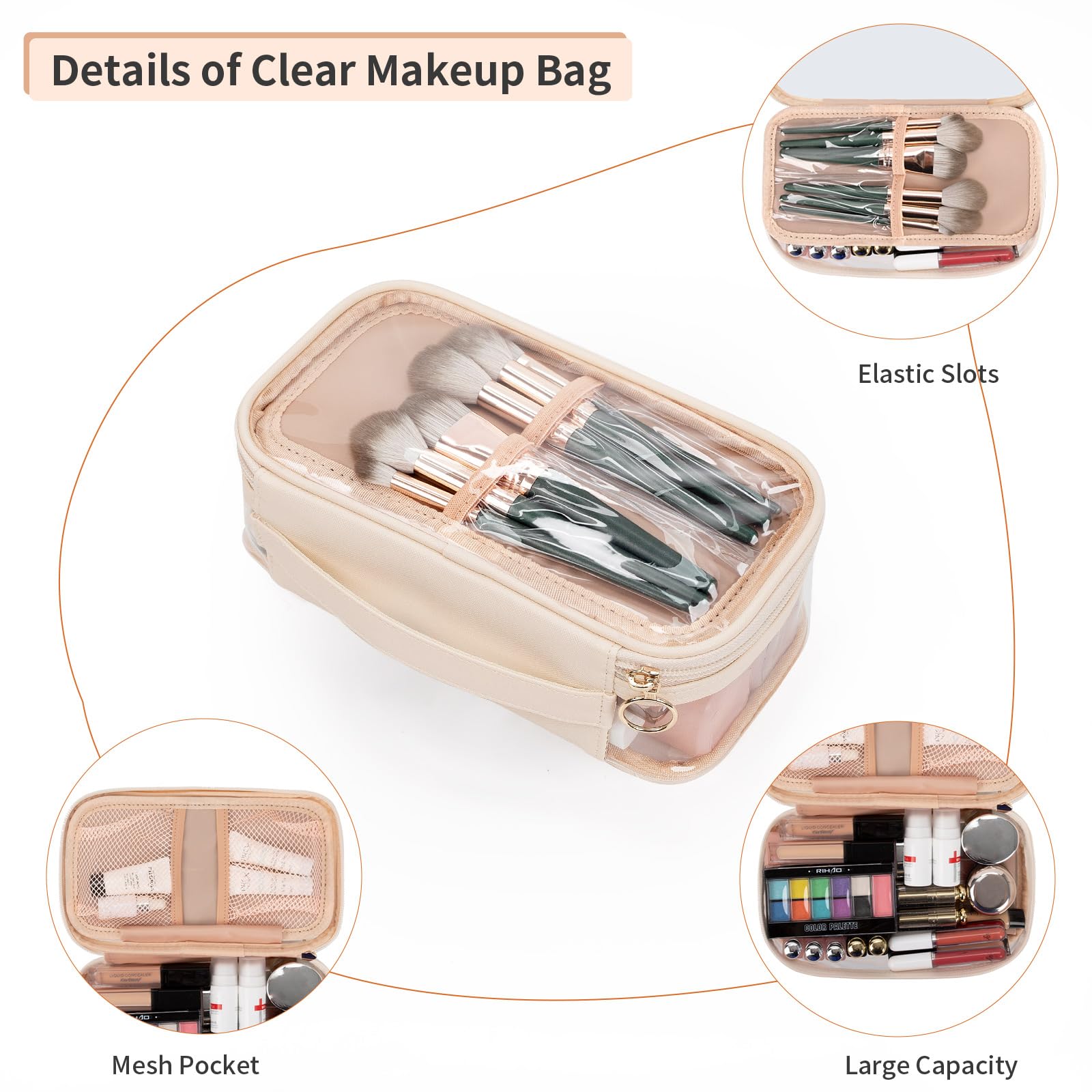 OCHEAL Clear Makeup Bag for Women - Waterproof Travel Cosmetic Organizer with Brush Compartment & Divider - Portable Cute Transparent Pouch for Makeup Storage | Perfect for Travel, Gym, Daily Use & Gift Giving