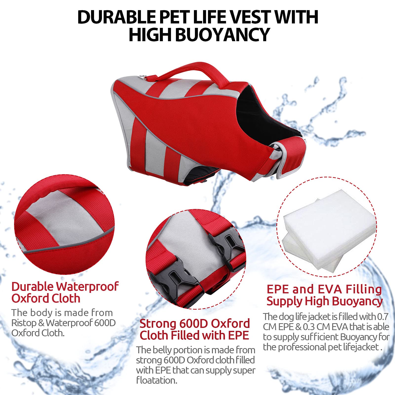 Queenmore Dog Life Jacket - Adjustable Reflective Swimming Vest for Small, Medium & Large Dogs | High Buoyancy Pet Life Preserver & Lifesaver | Perfect for Boating, Swimming & Water Safety (Red, Small)